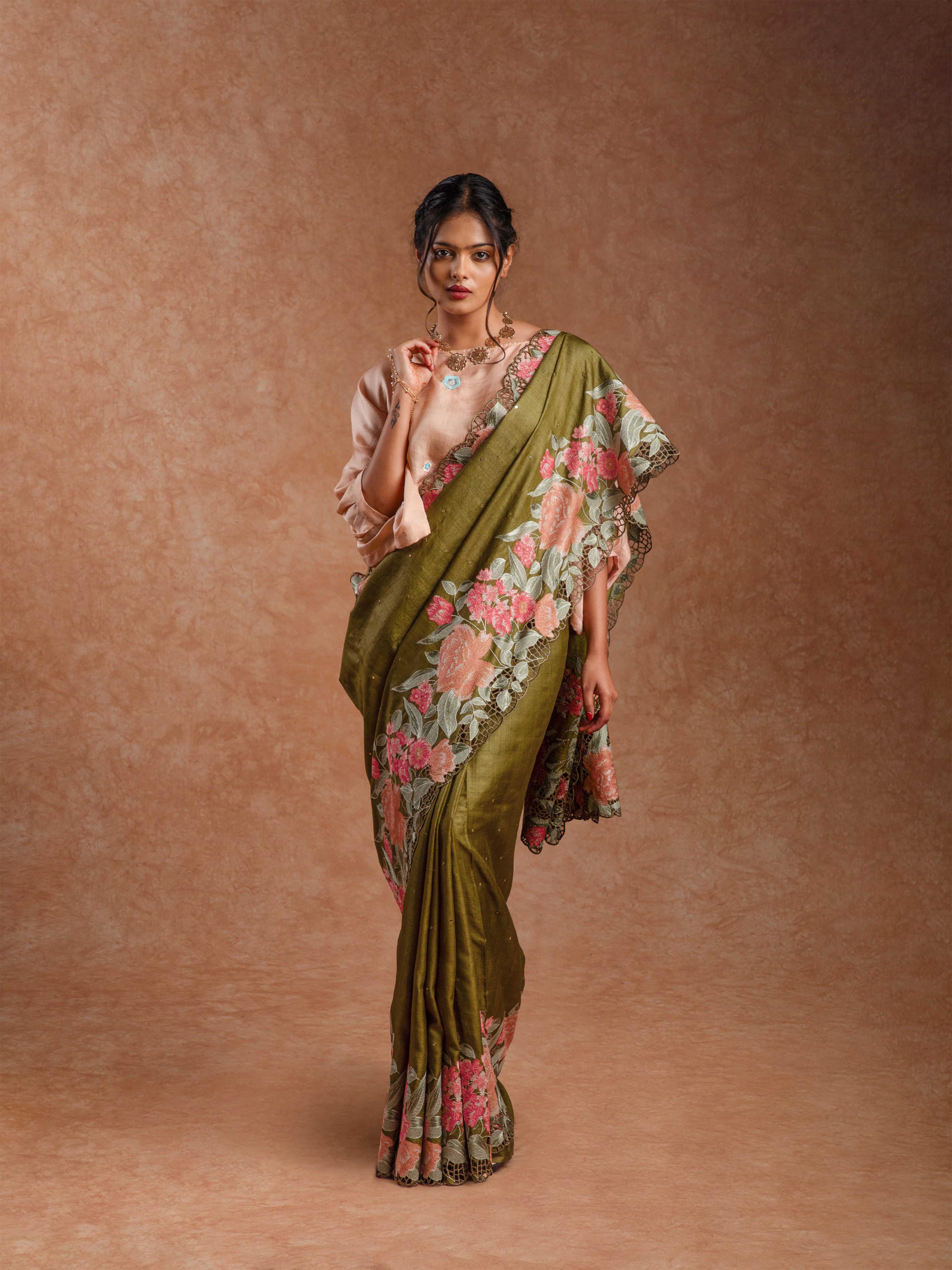 Tussar Silk Embroidered Cut-work Saree in Antique Olive