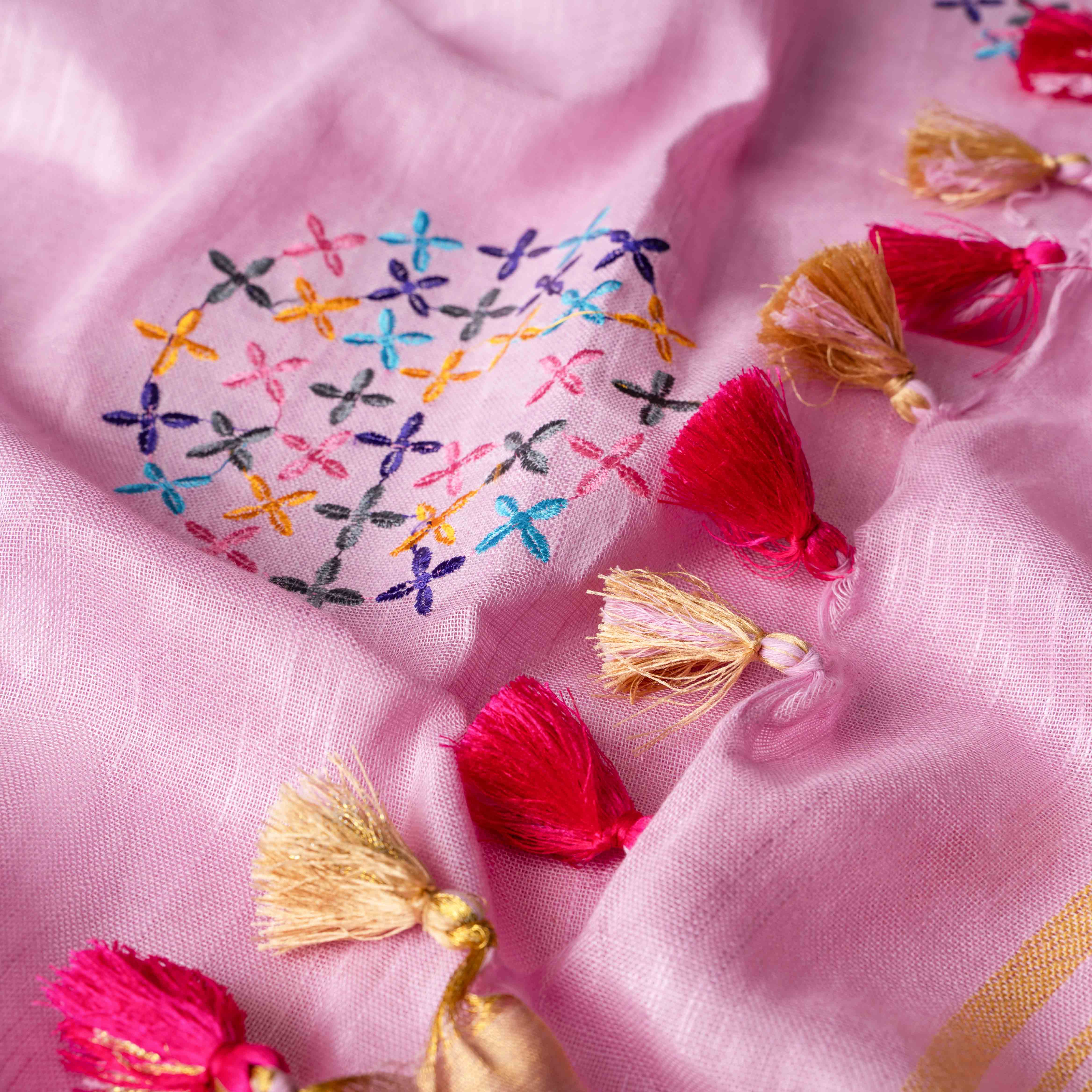 Pure Linen Embroidered Saree in Rose Quartz