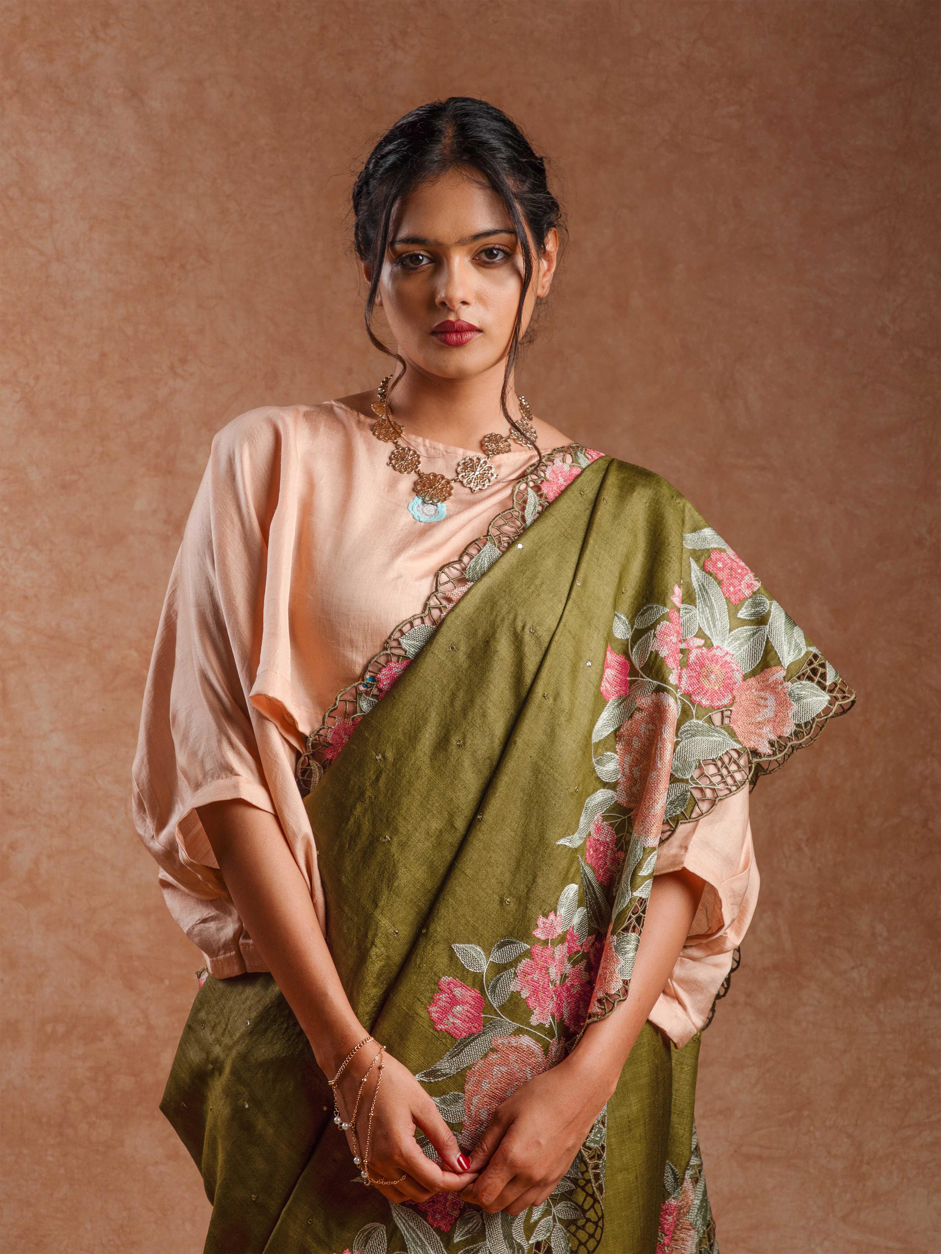Tussar Silk Embroidered Cut-work Saree in Antique Olive