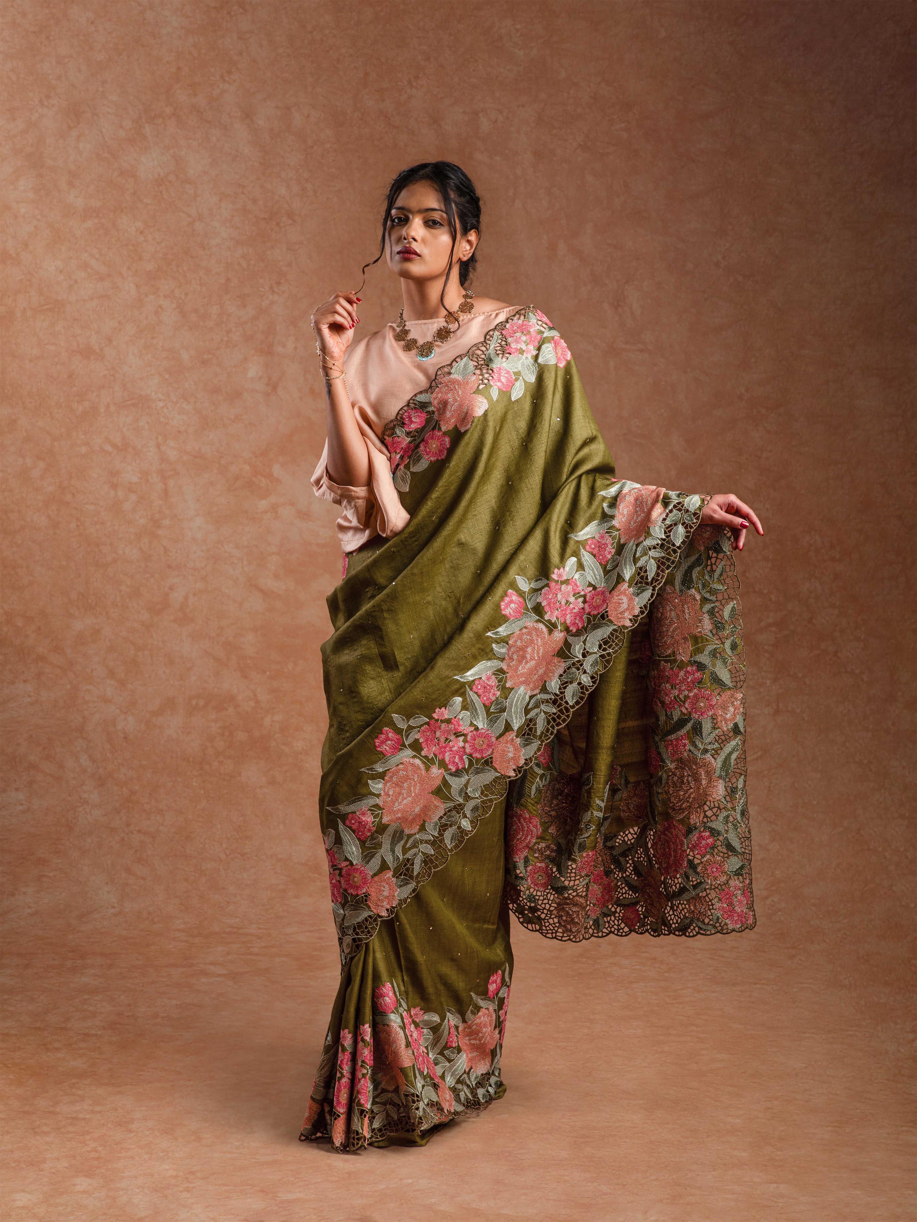 Tussar Silk Embroidered Cut-work Saree in Antique Olive