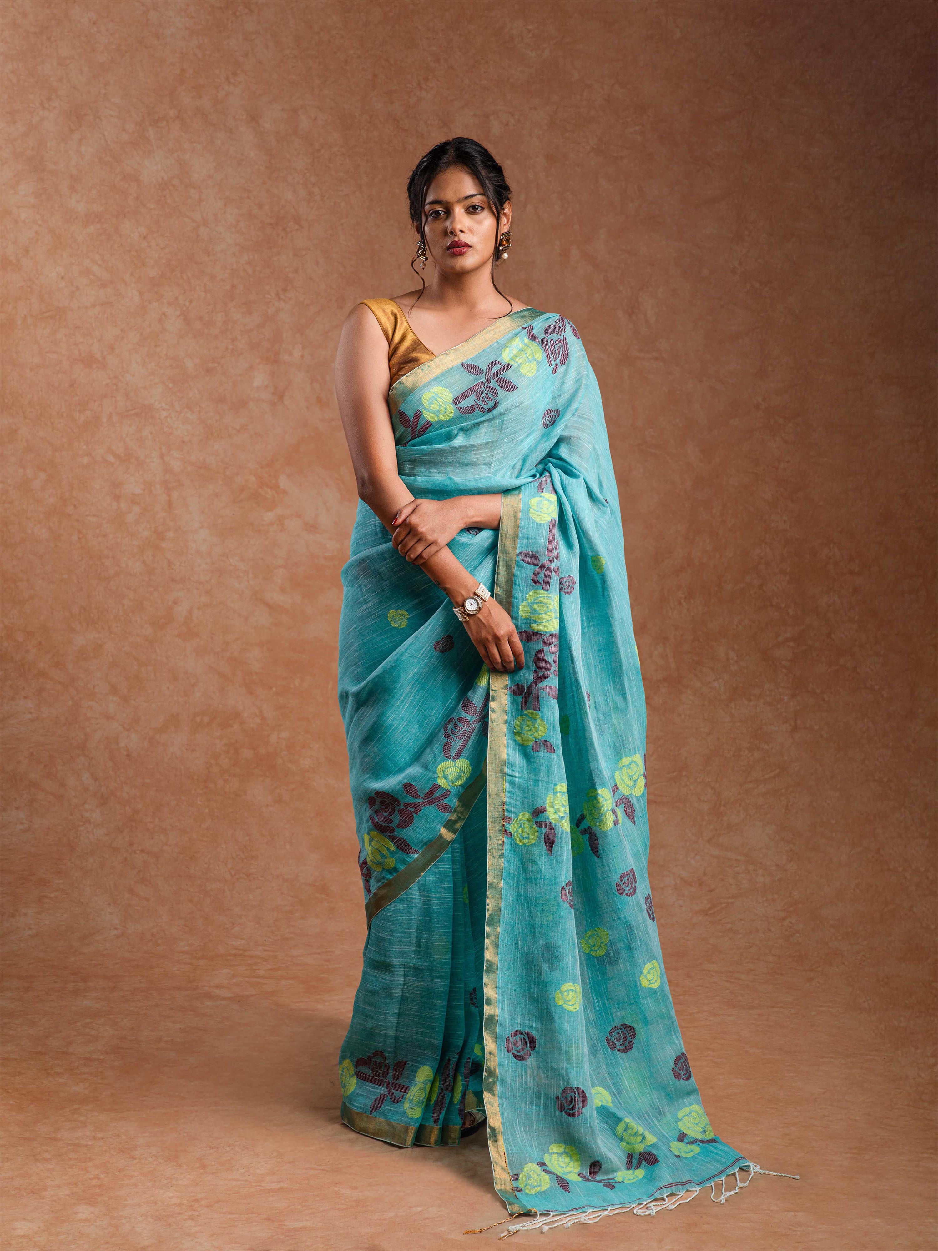 Pure Linen Jamdani saree in Mineral Turquoise