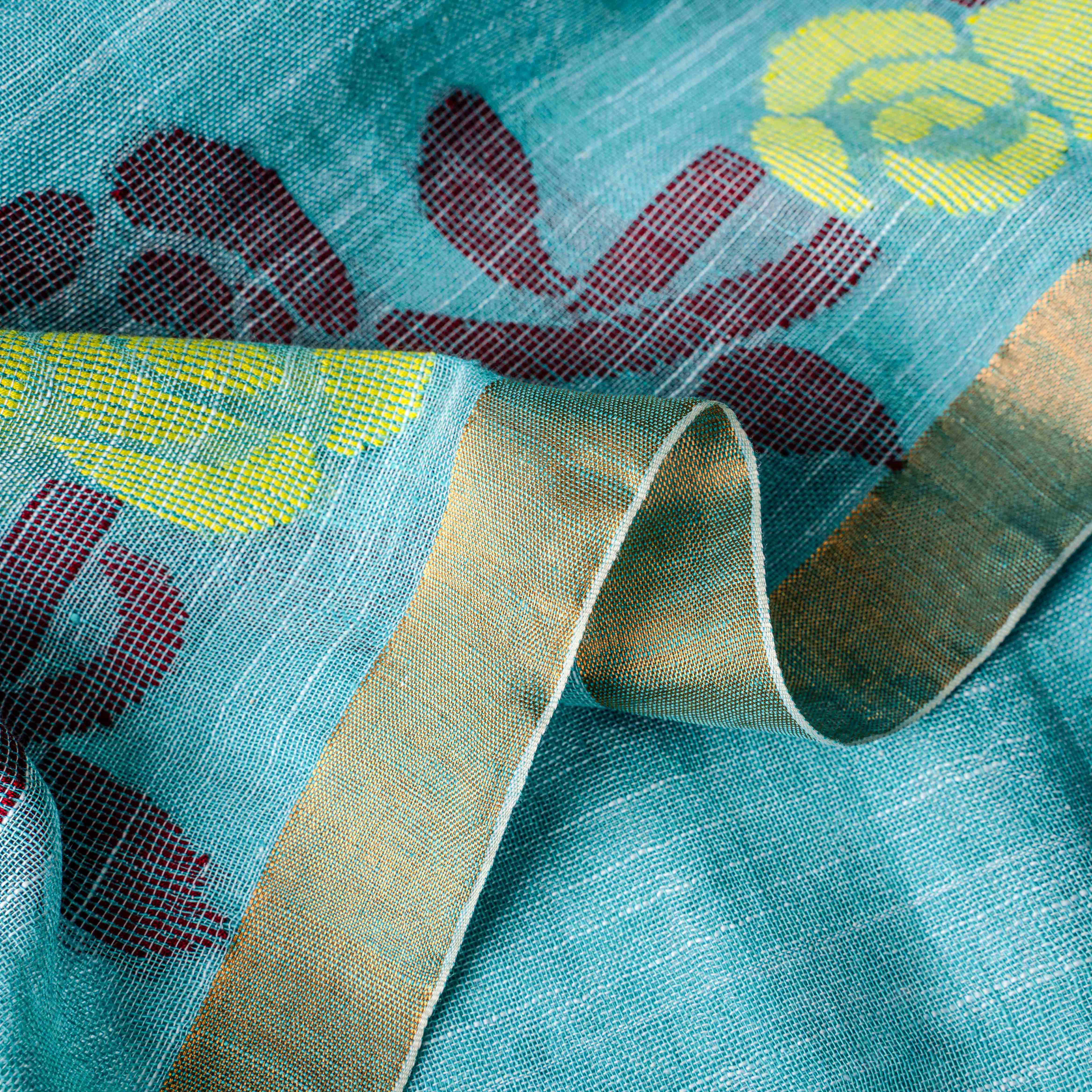 Pure Linen Jamdani saree in Mineral Turquoise
