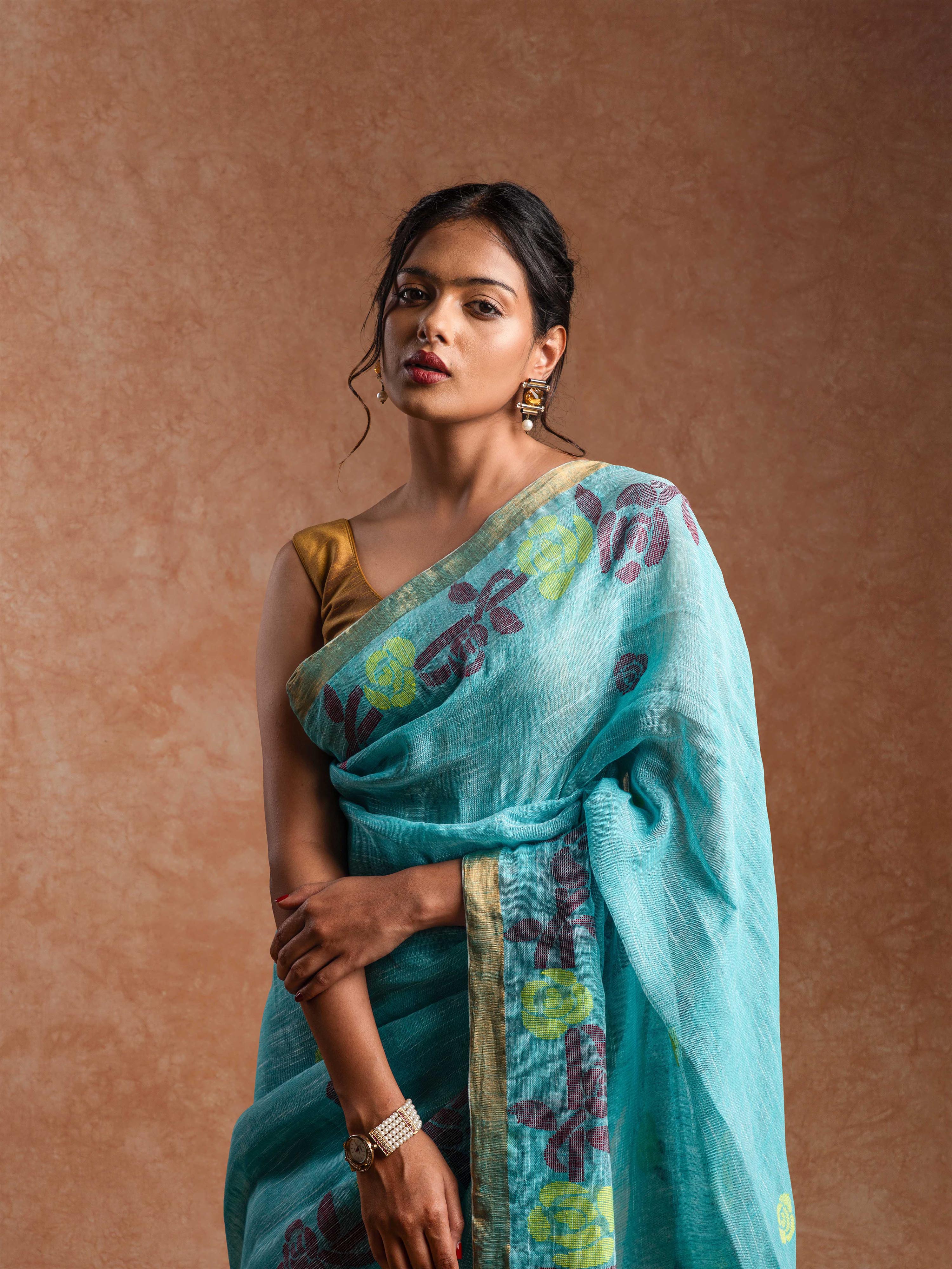 Pure Linen Jamdani saree in Mineral Turquoise