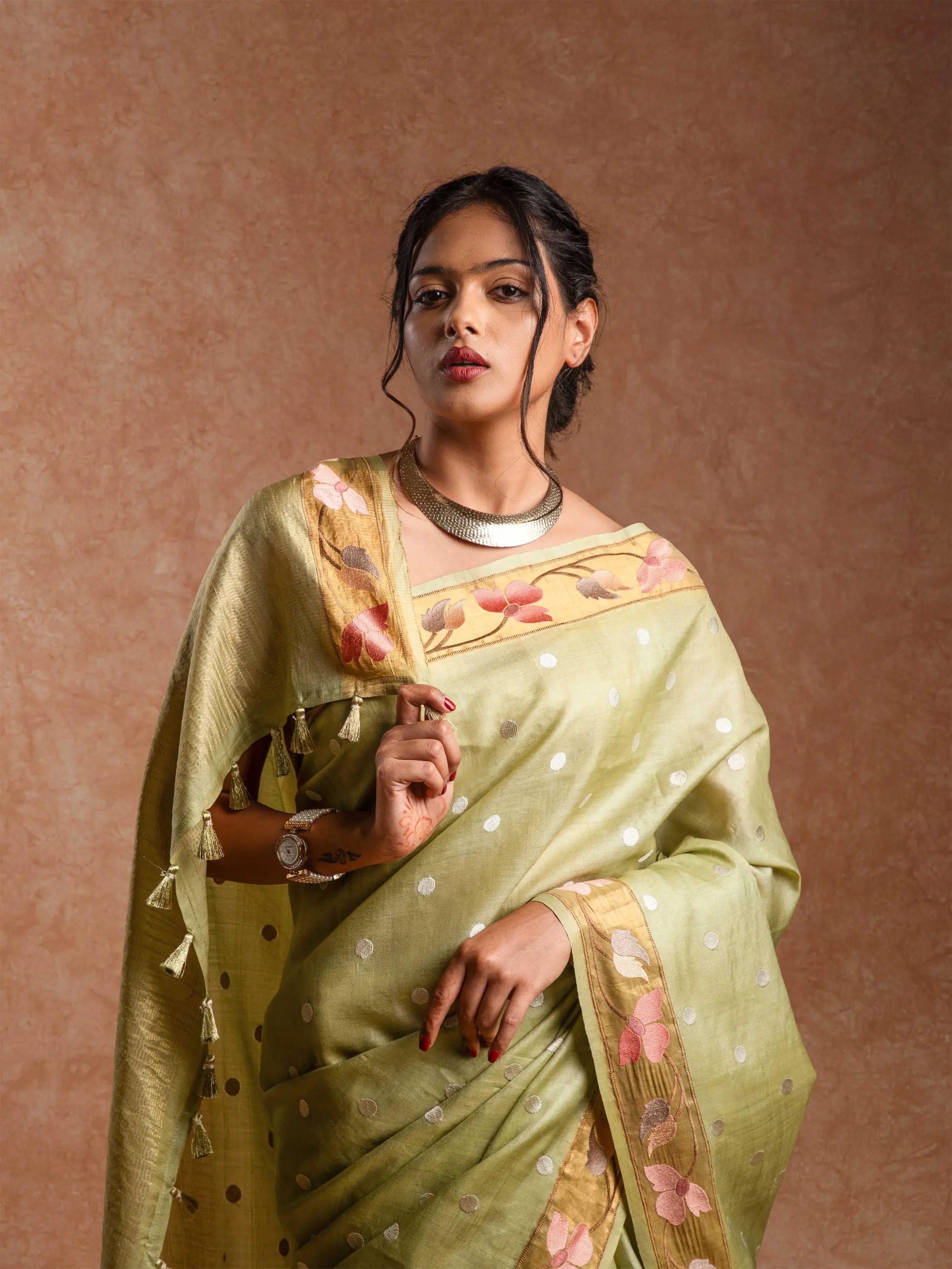 Tussar Silk Woven Saree in Champagne Sage