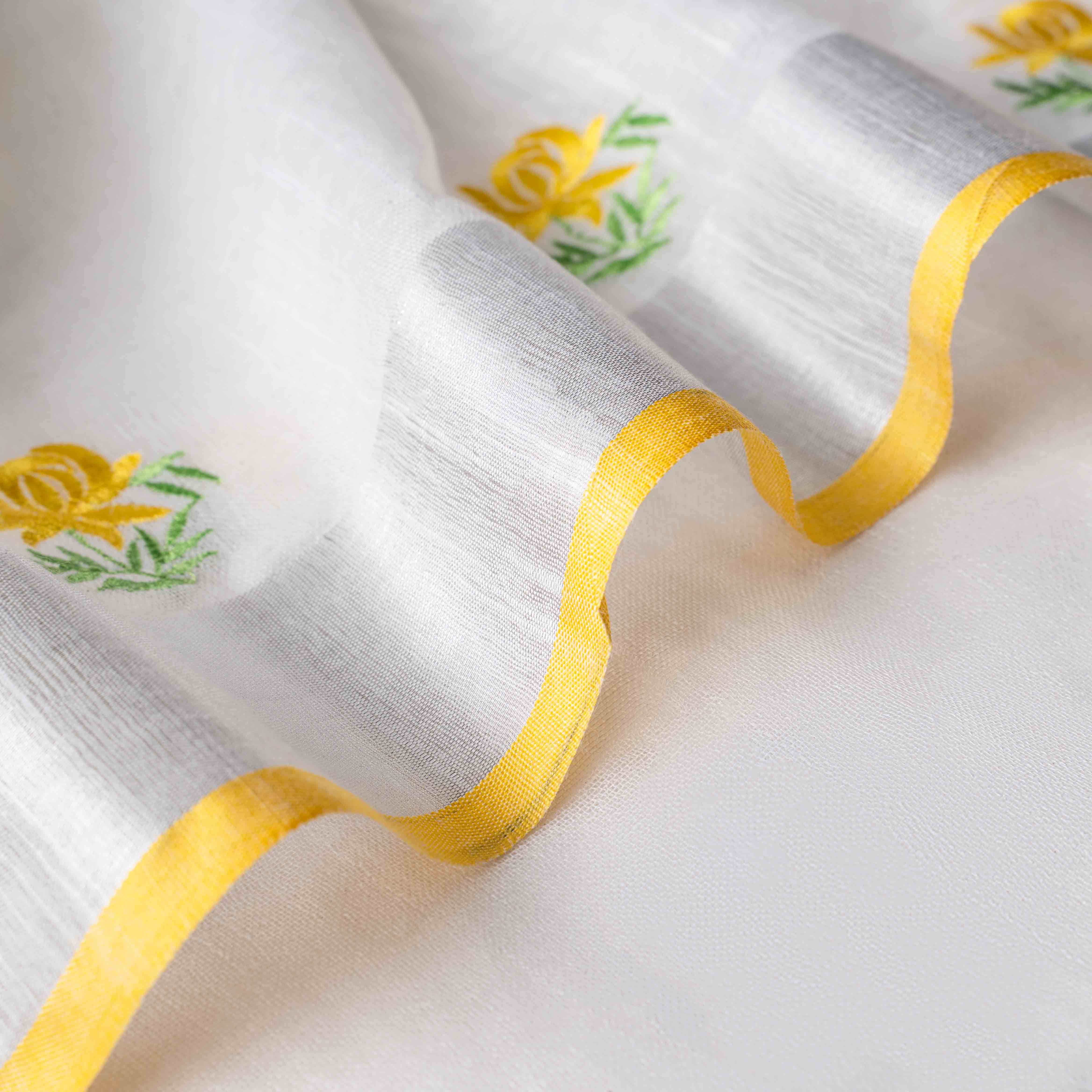 Pure Linen Embroidered Saree in Pearl White