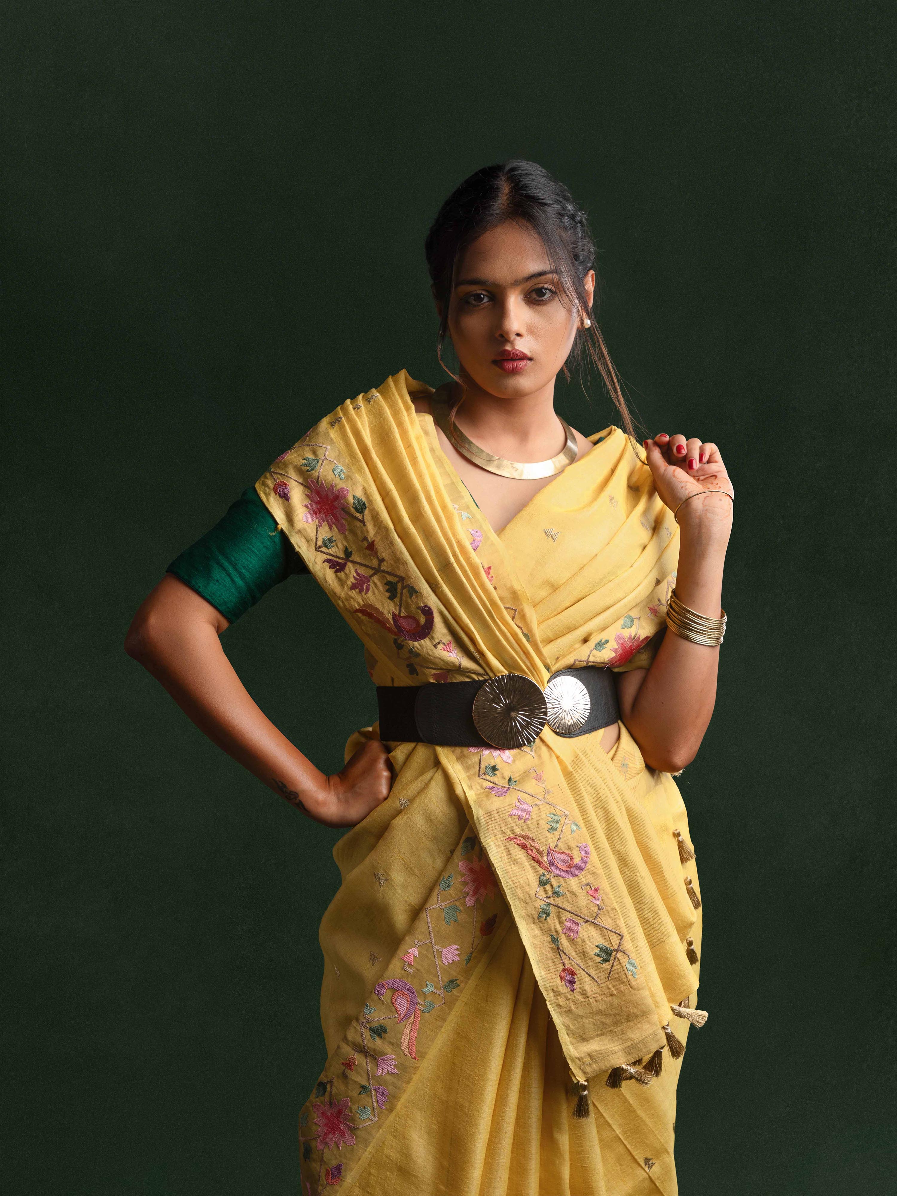 Tussar Silk Embroidered Saree in Antique Marigold