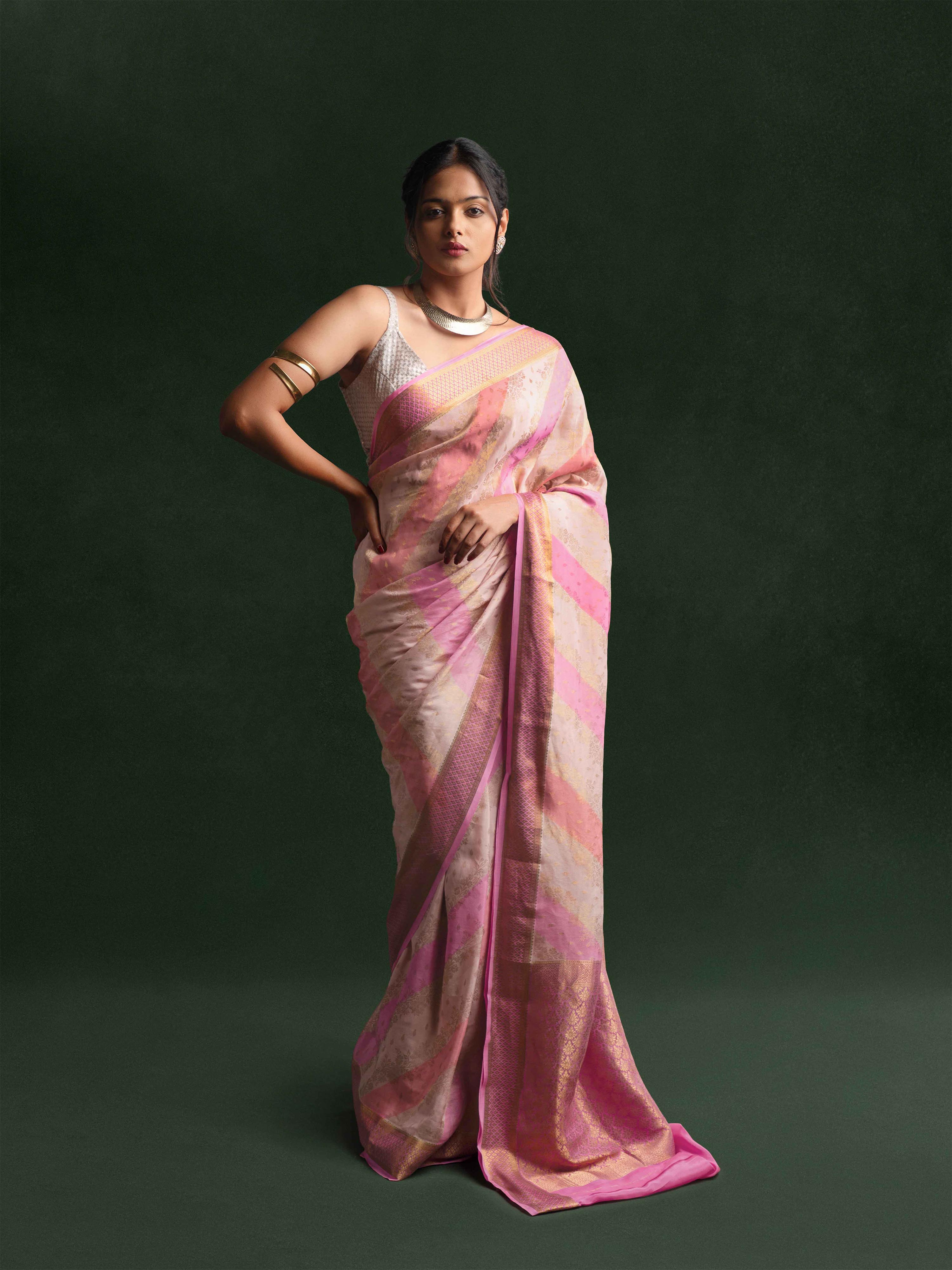 Mysore Crepe Silk Striped Saree in Rose Quartz & Gold