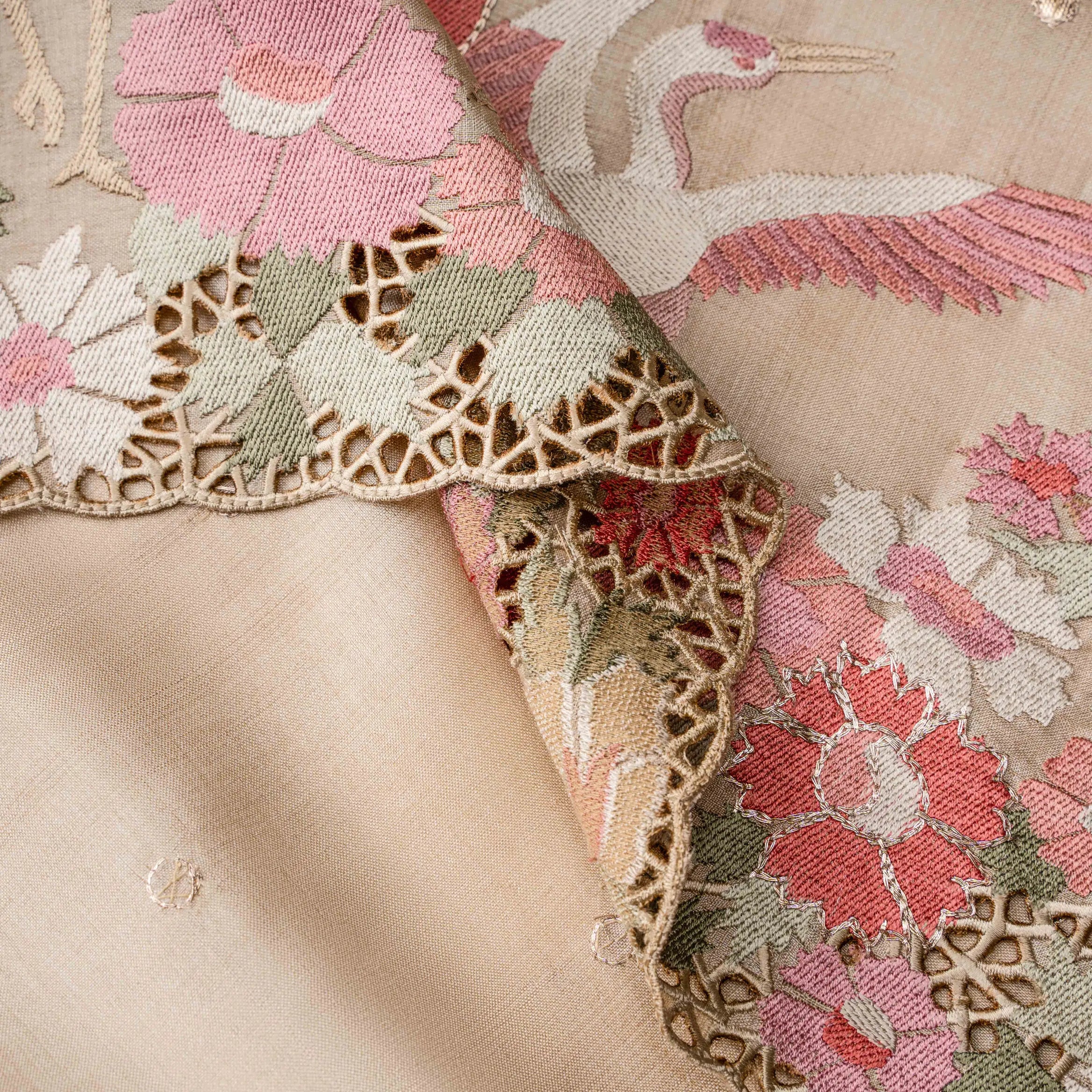 Tussar Silk Embroidered Cut-work Saree in Porcelain Ivory