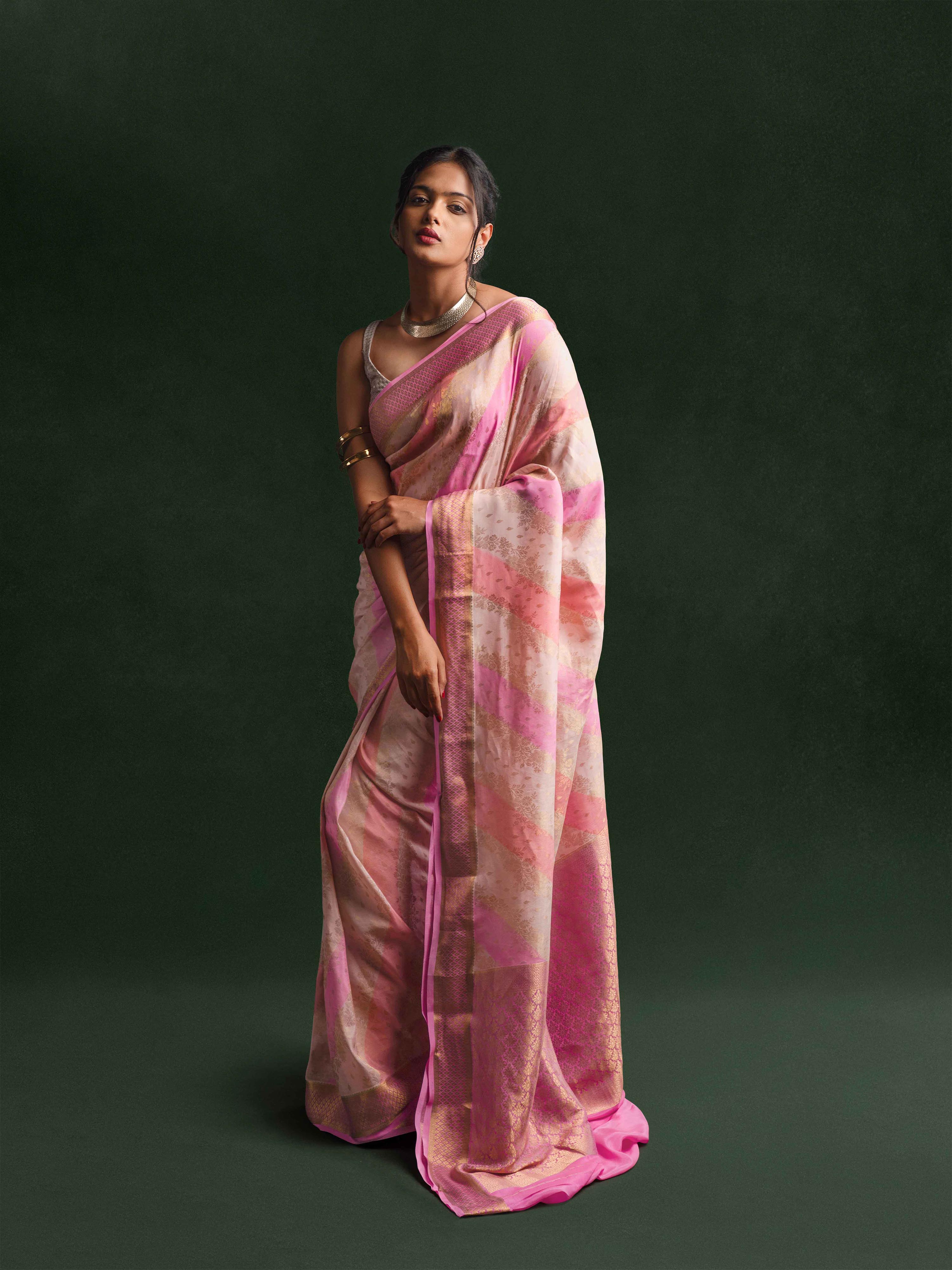 Mysore Crepe Silk Striped Saree in Rose Quartz & Gold