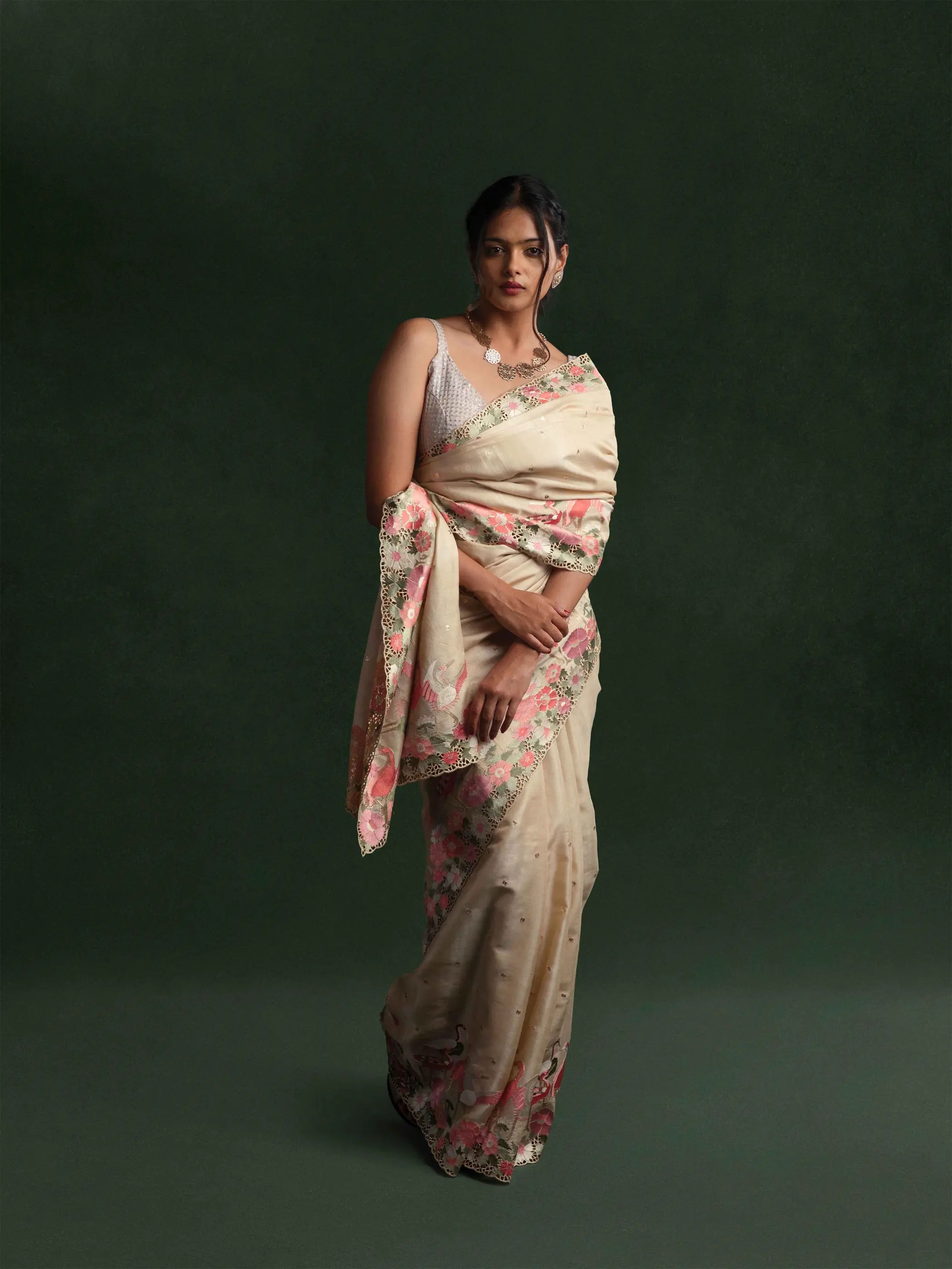 Tussar Silk Embroidered Cut-work Saree in Porcelain Ivory