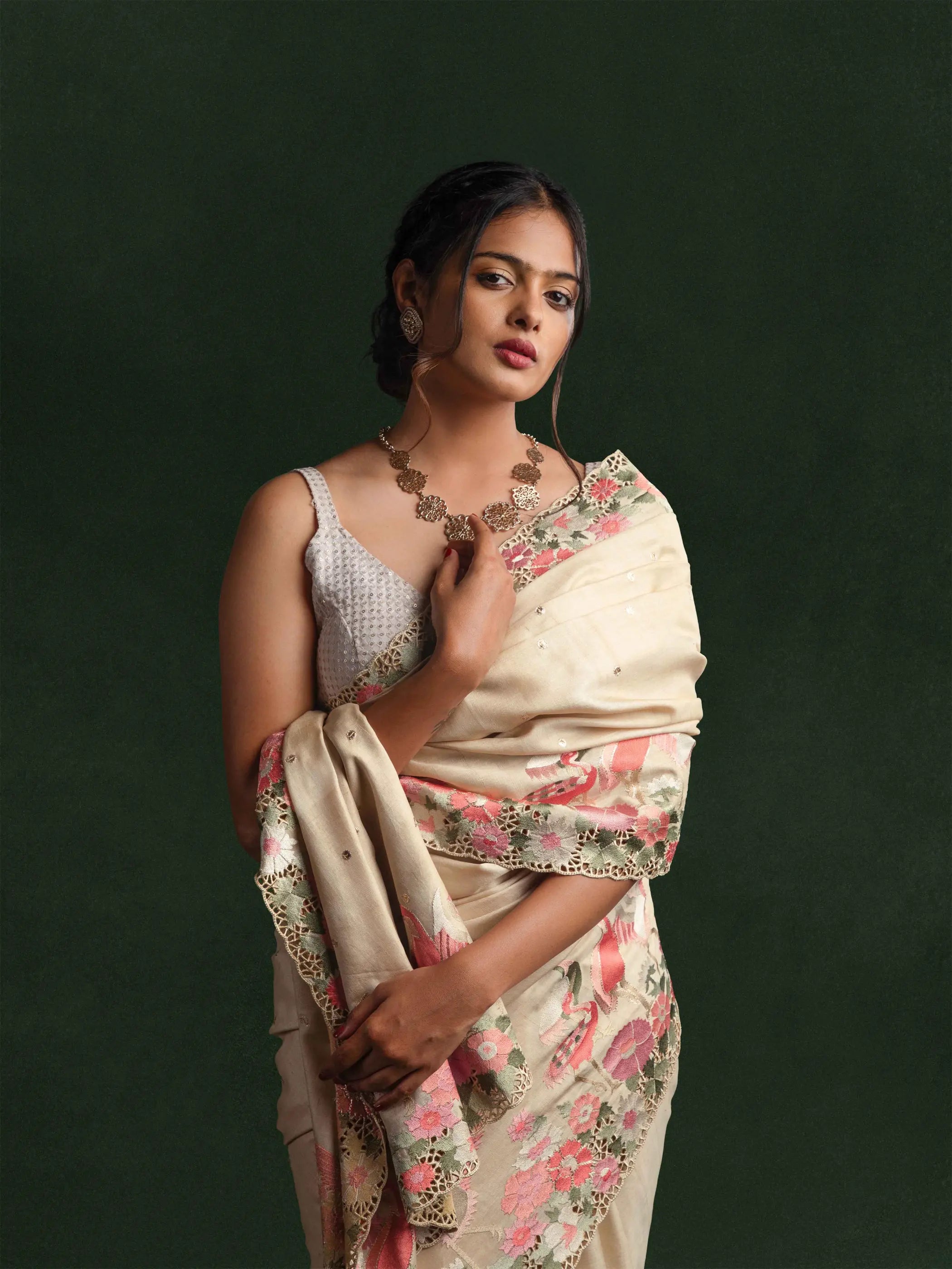 Tussar Silk Embroidered Cut-work Saree in Porcelain Ivory