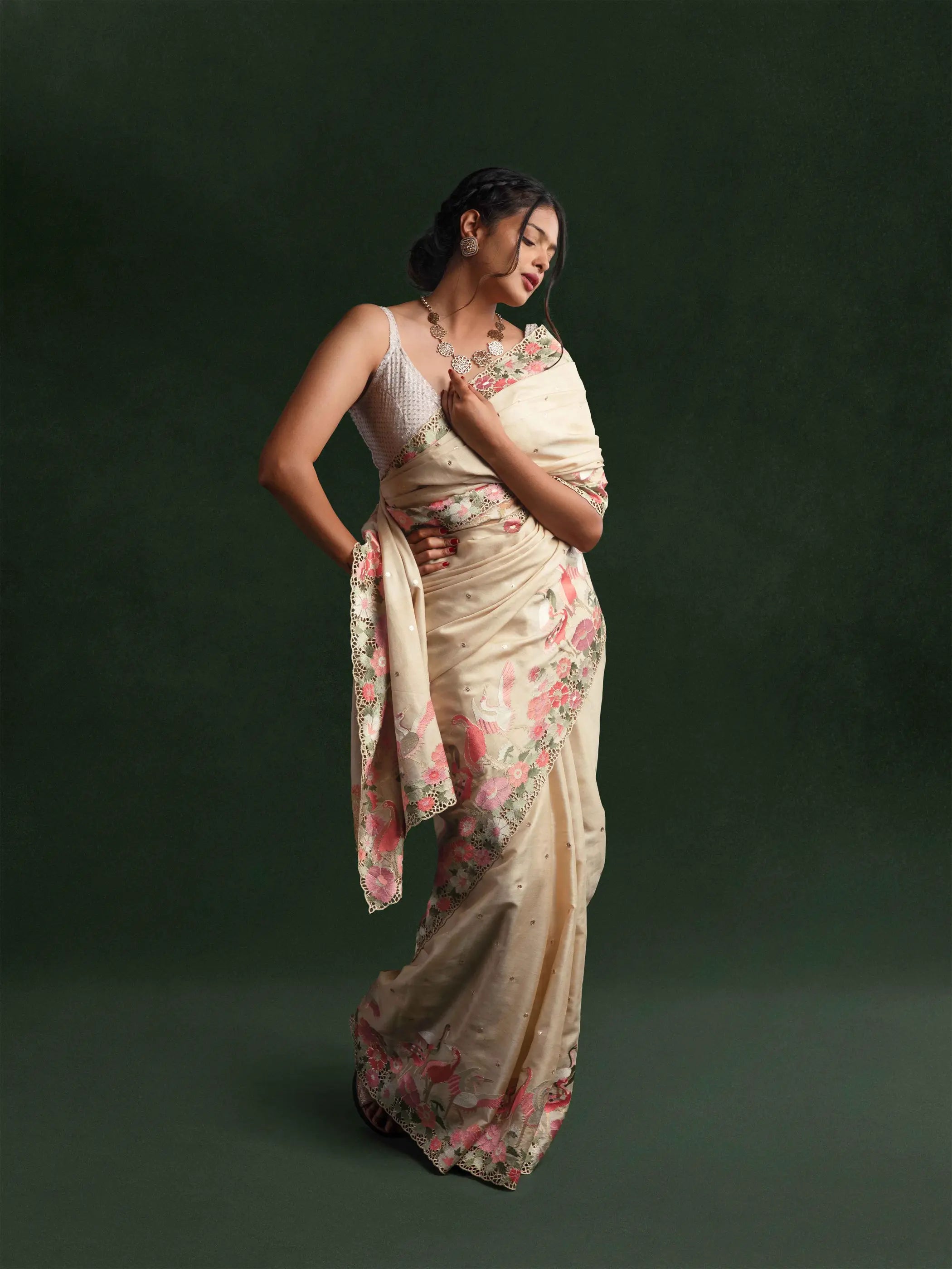 Tussar Silk Embroidered Cut-work Saree in Porcelain Ivory