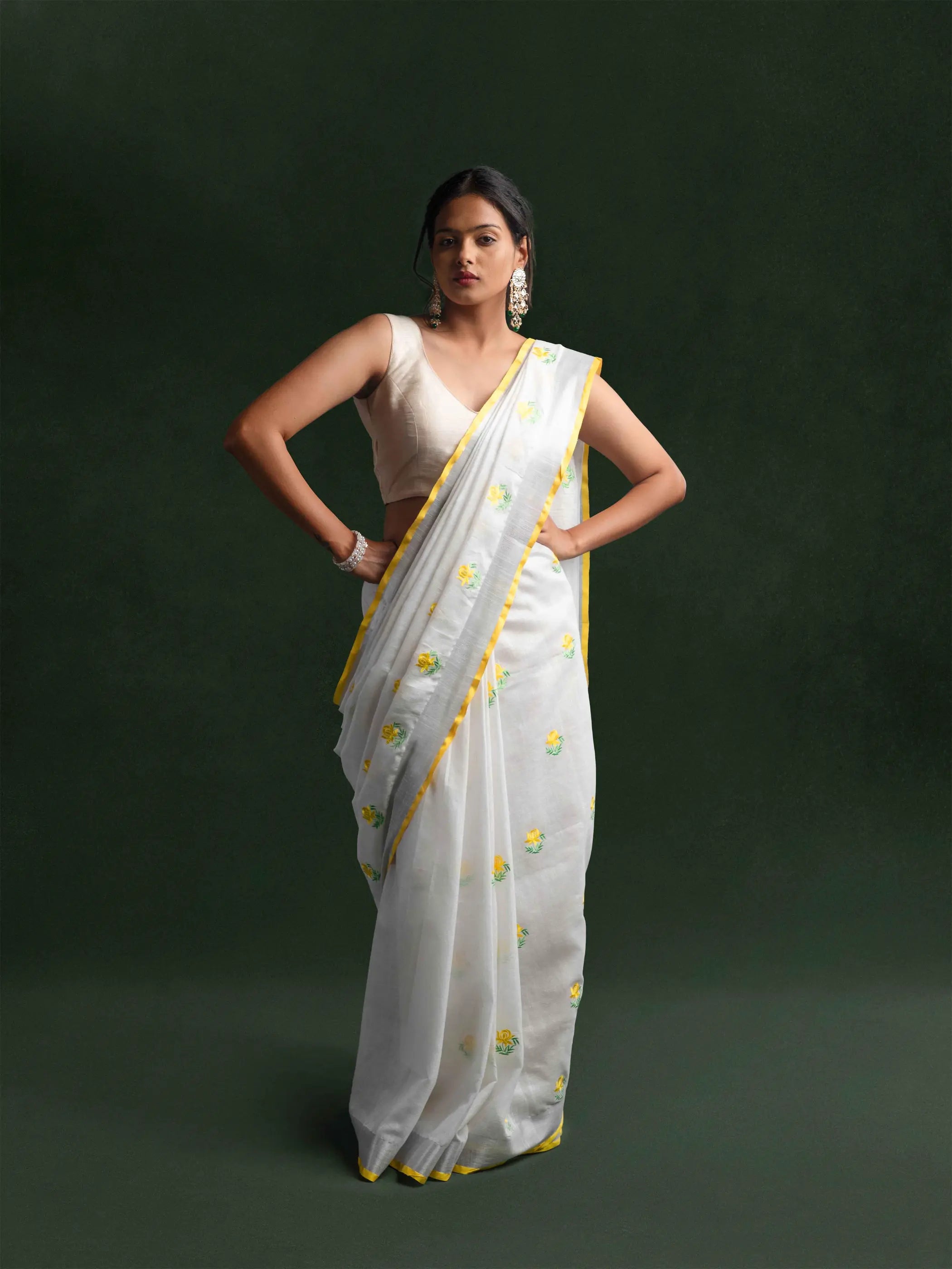 Pure Linen Embroidered Saree in Pearl White