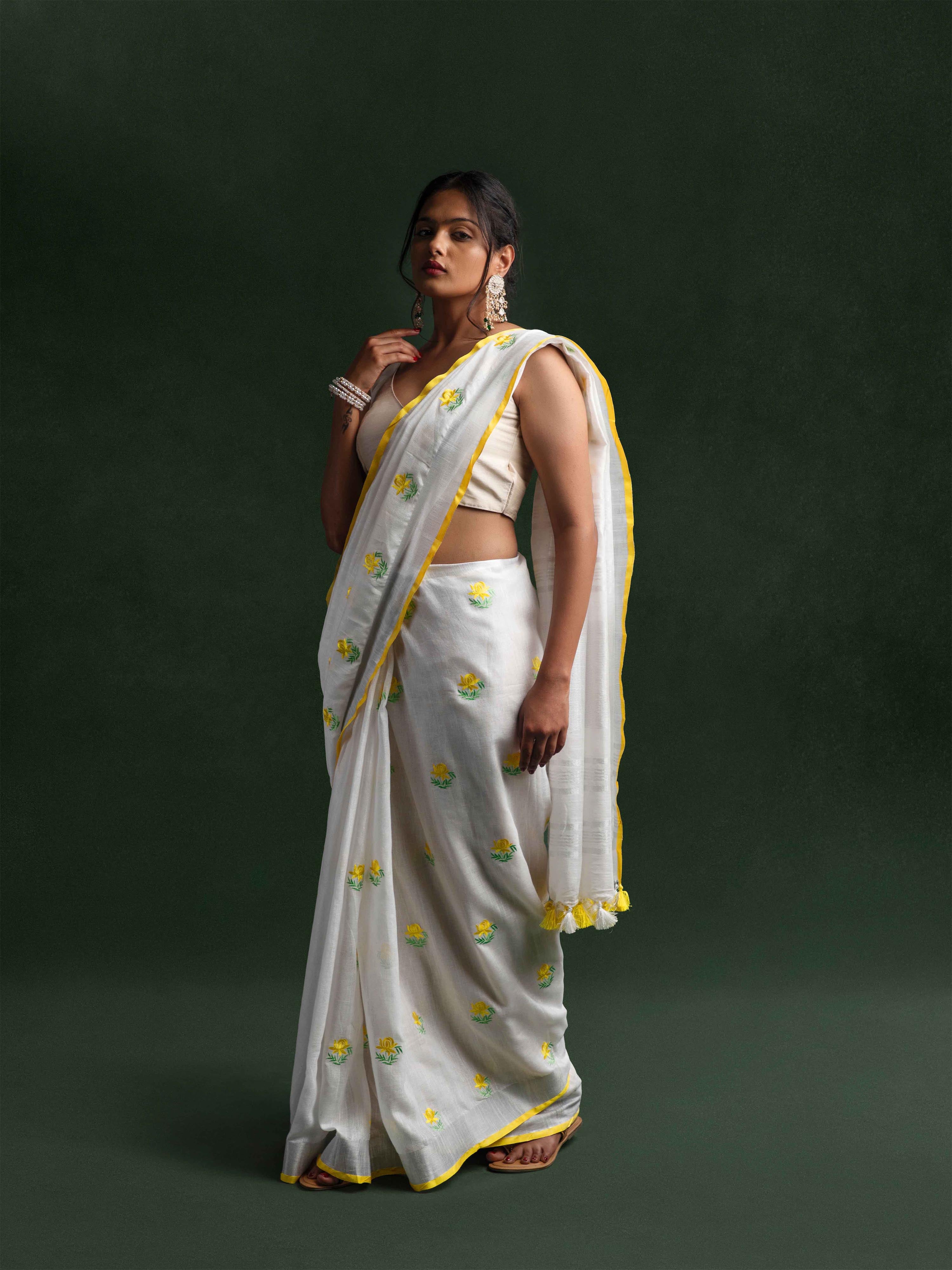 Pure Linen Embroidered Saree in Pearl White