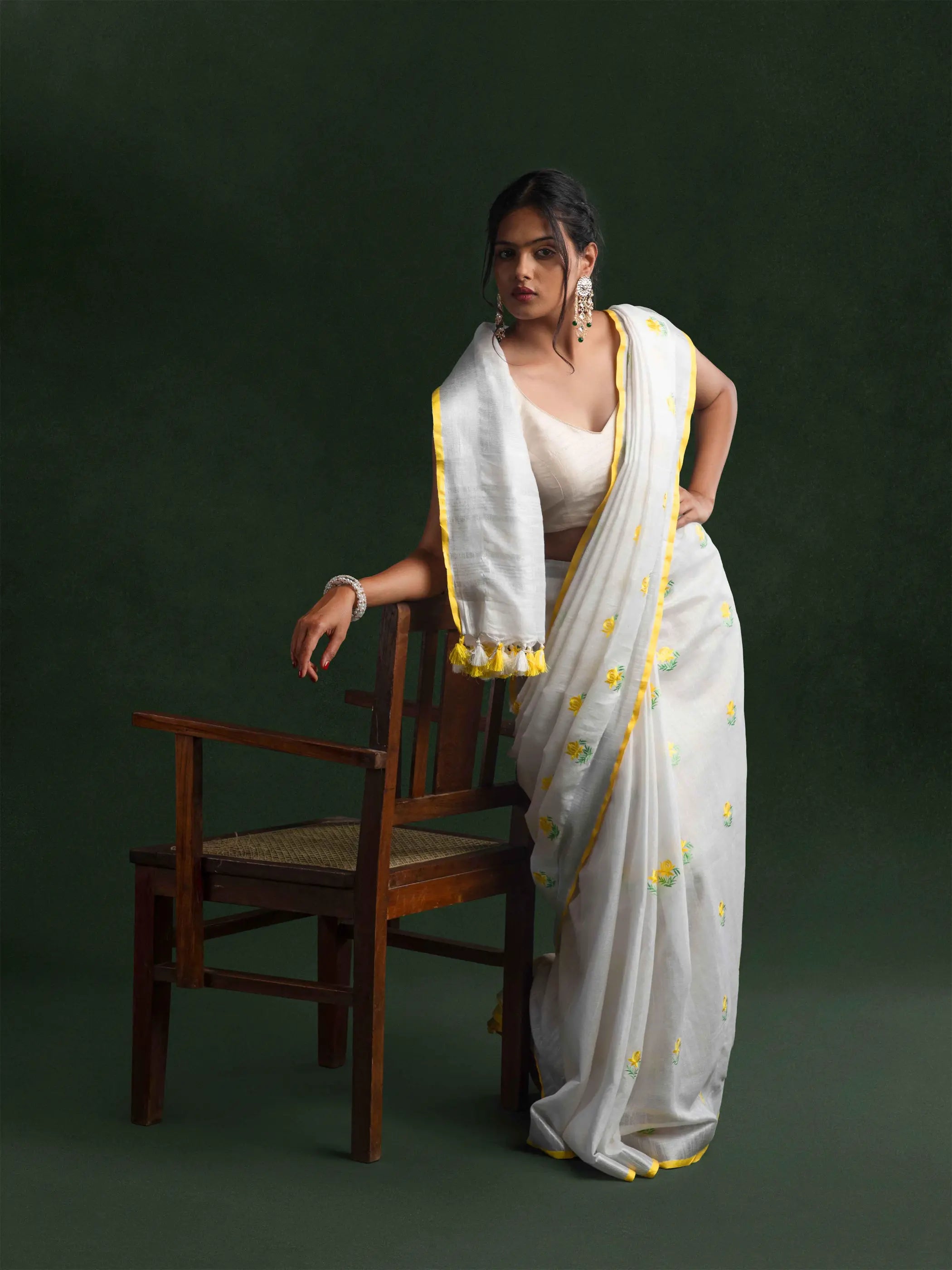 Pure Linen Embroidered Saree in Pearl White