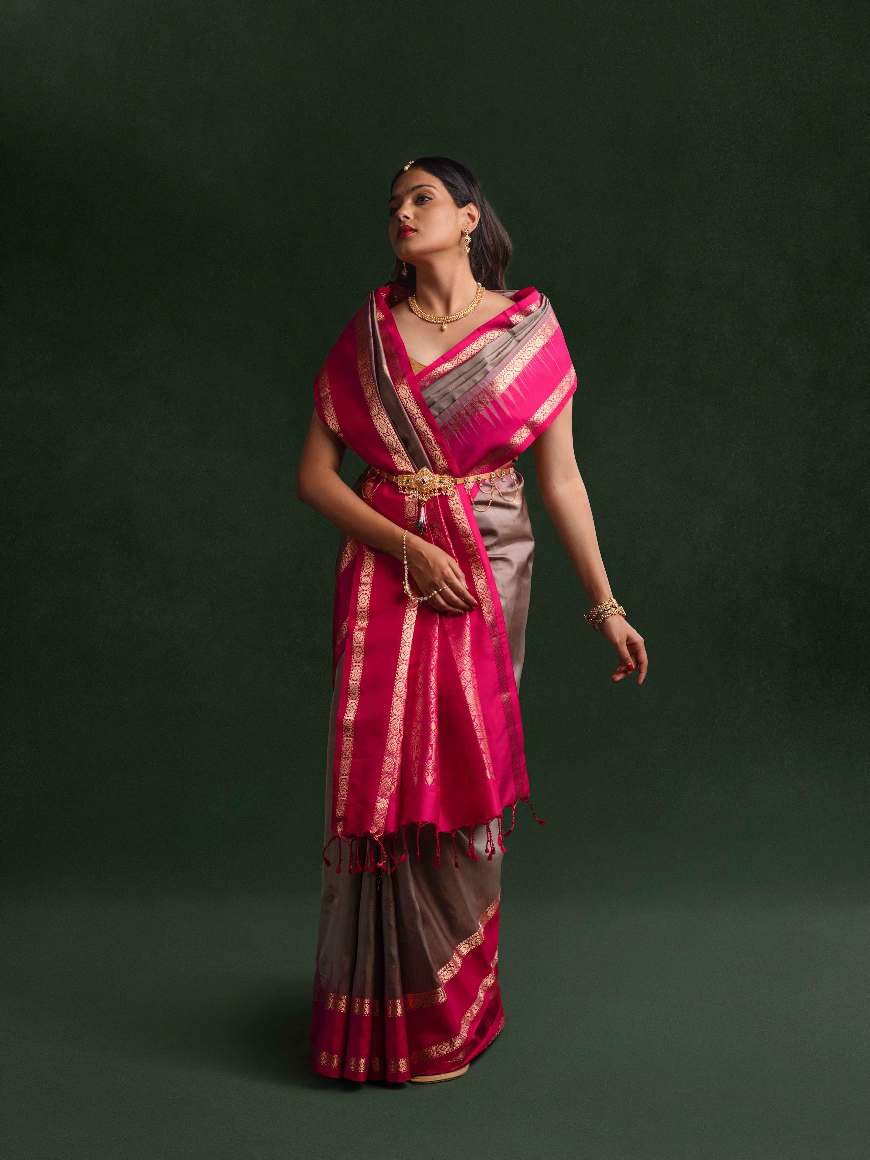 Kanjeevaram Soft Silk Saree in Gunmetal & Magenta