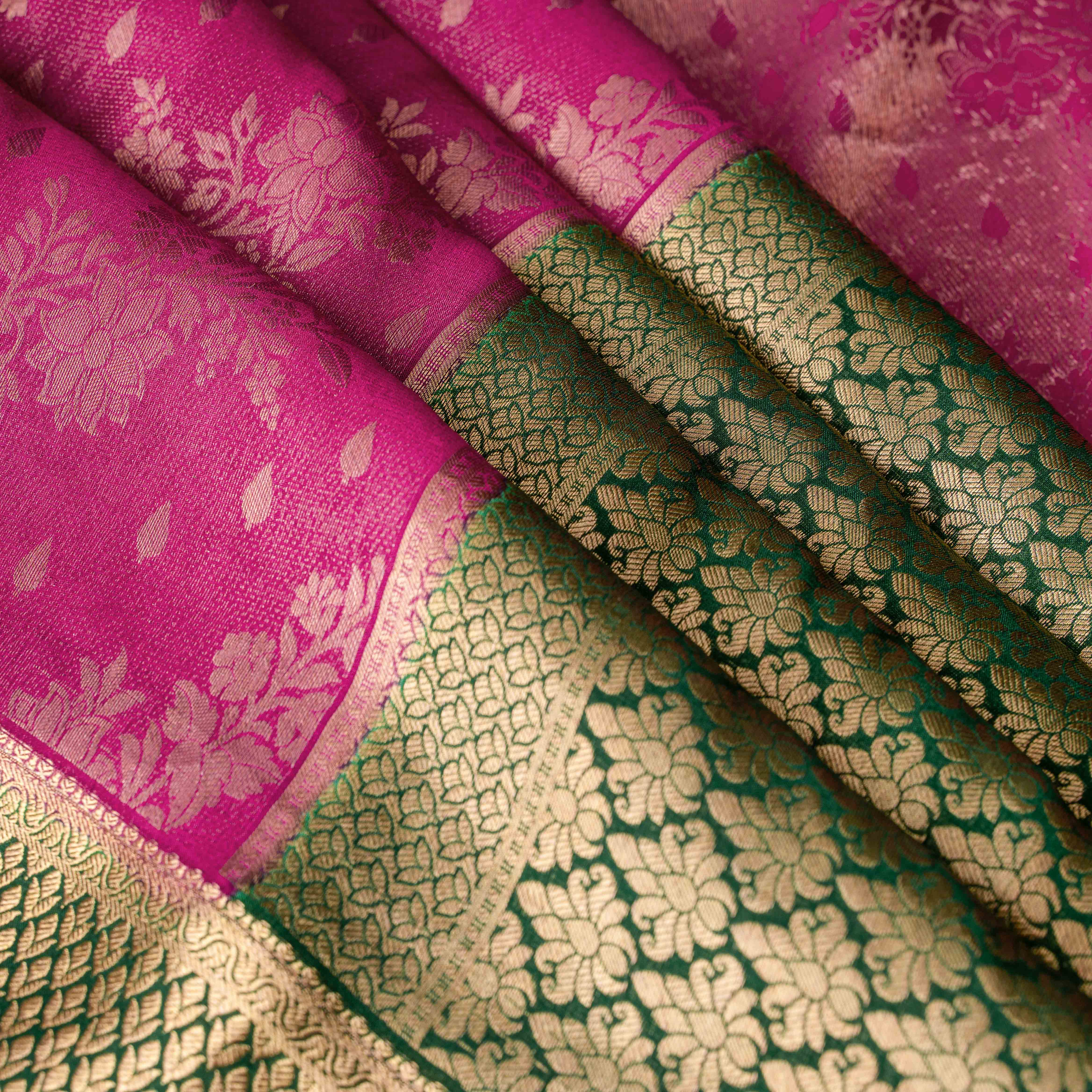 Mysore Crepe Silk Saree in Rani Pink & Deep Emerald