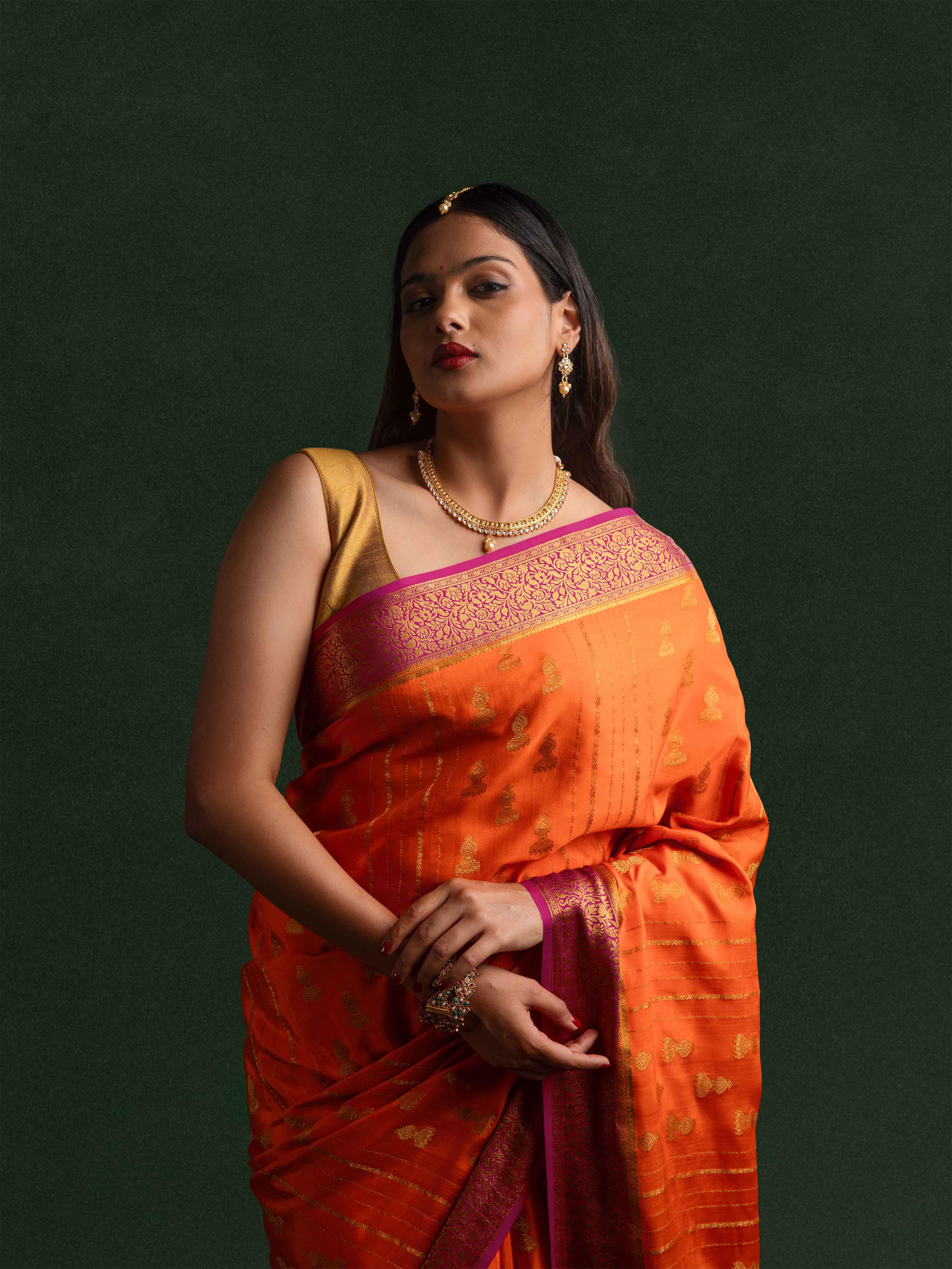 Mysore Crepe Silk Saree in Tangerine & Magenta