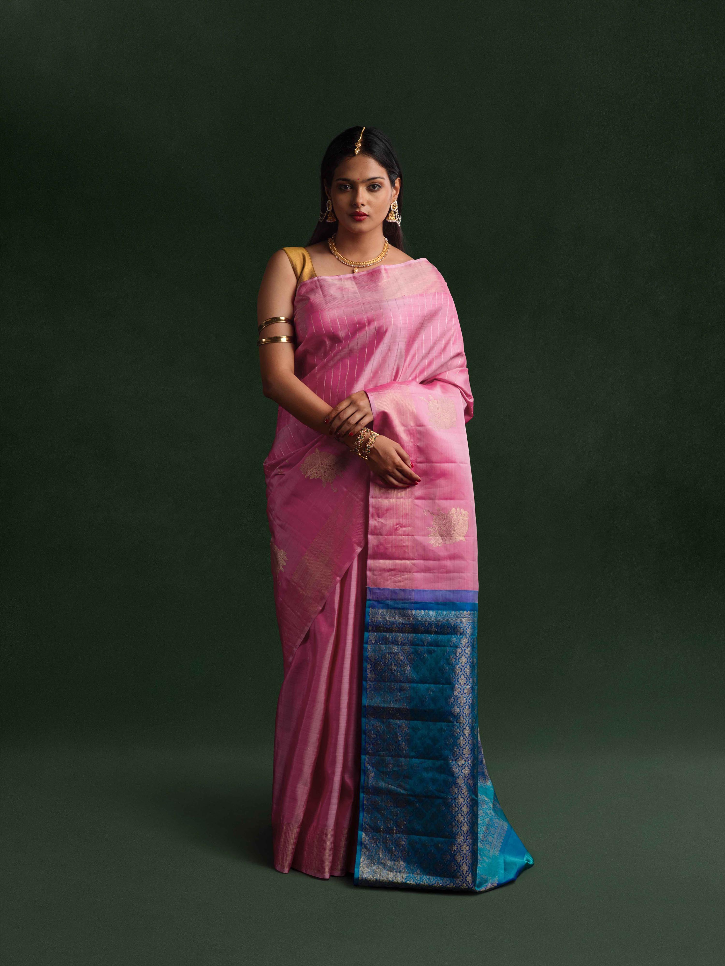 Kanjeevaram Raw Silk Saree in Fuchsia & Peacock Blue
