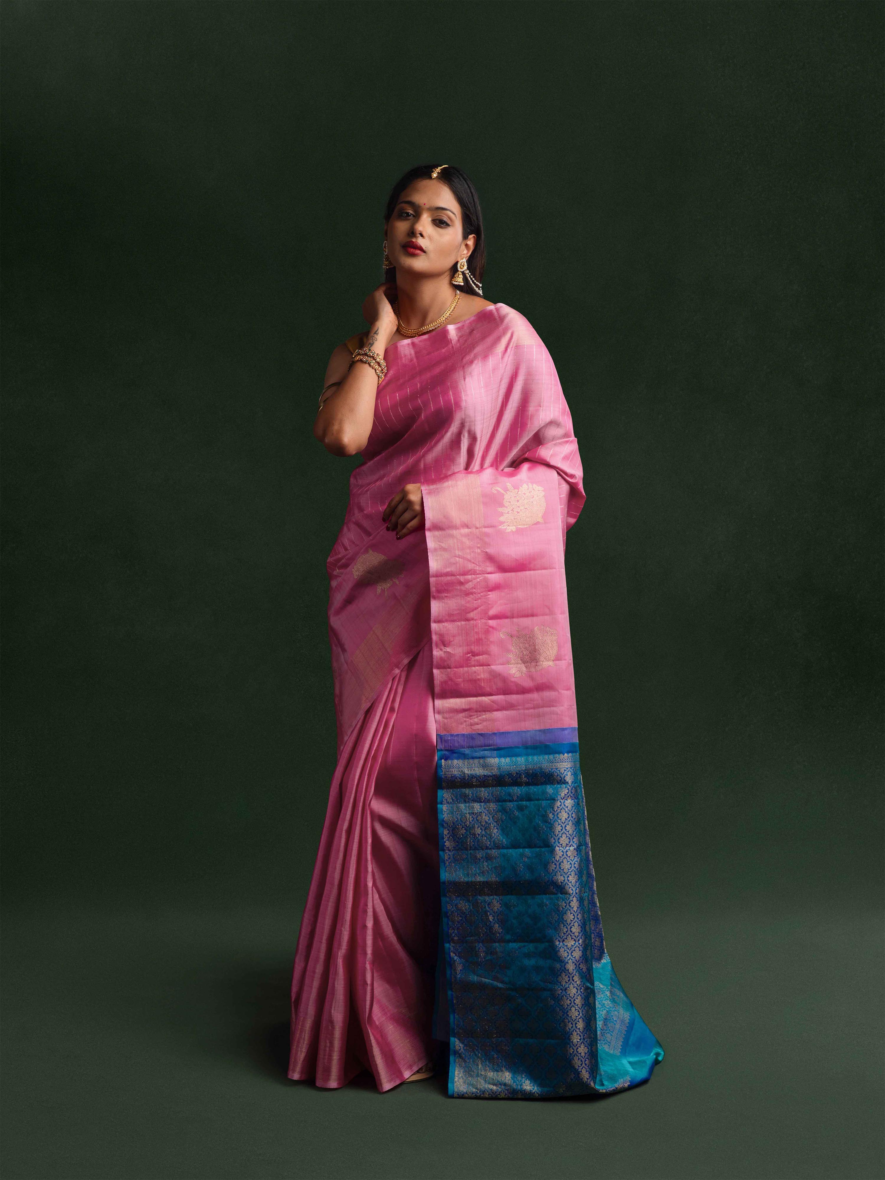Kanjeevaram Raw Silk Saree in Fuchsia & Peacock Blue