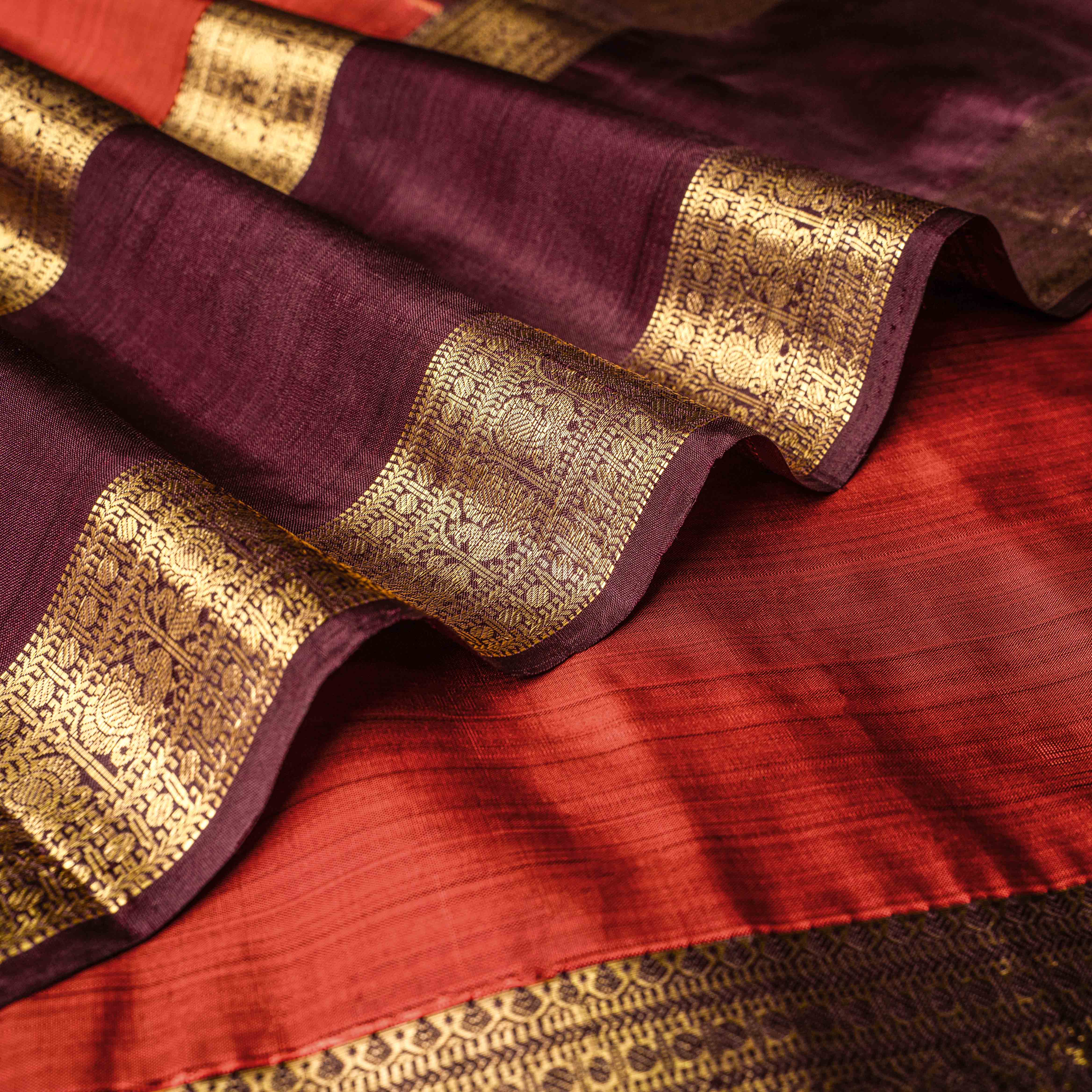 Kanjeevaram Raw Silk Saree in Rust & Royal Wine