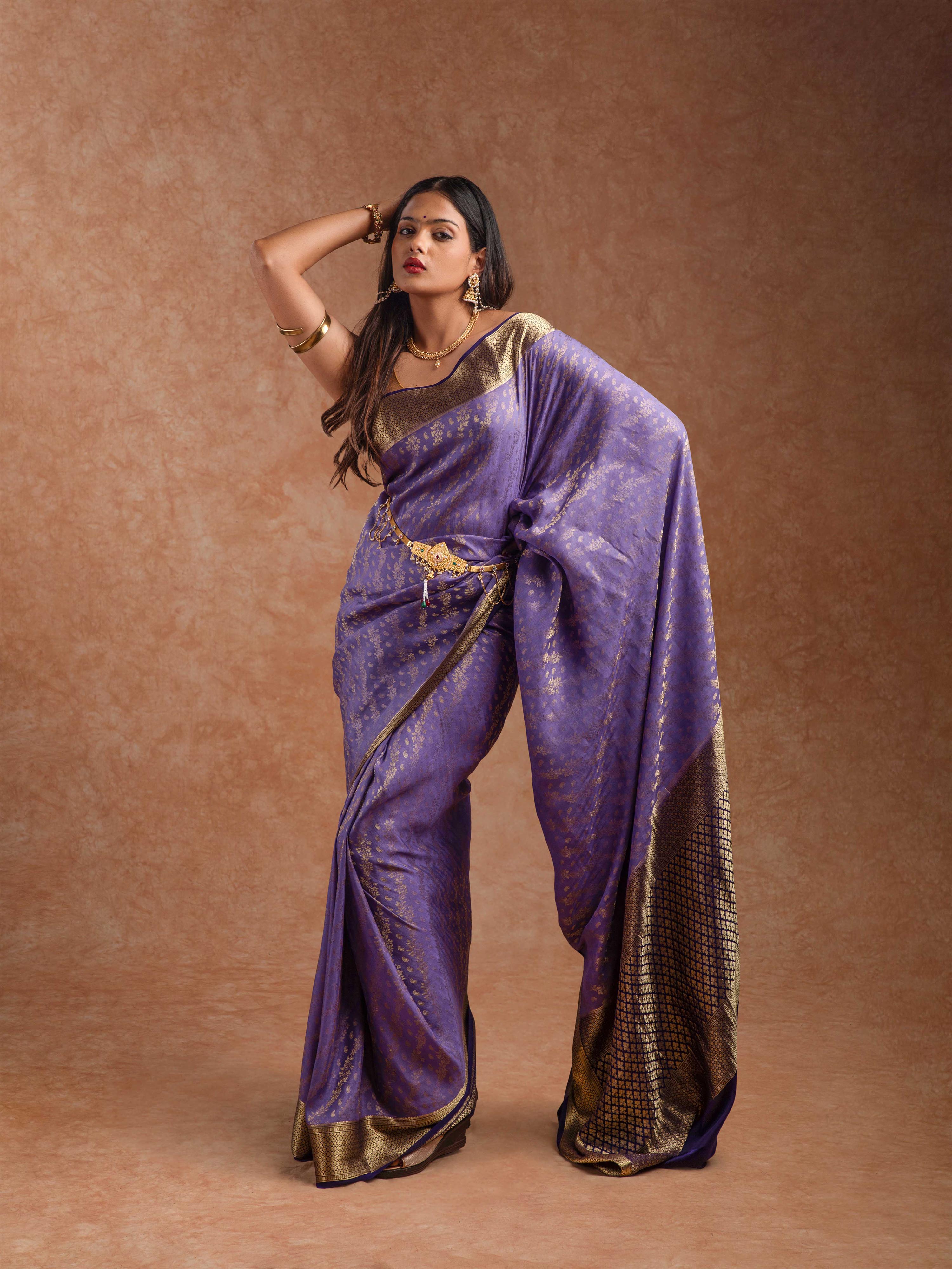Mysore Crepe Silk Saree in Dusty Violet & Black