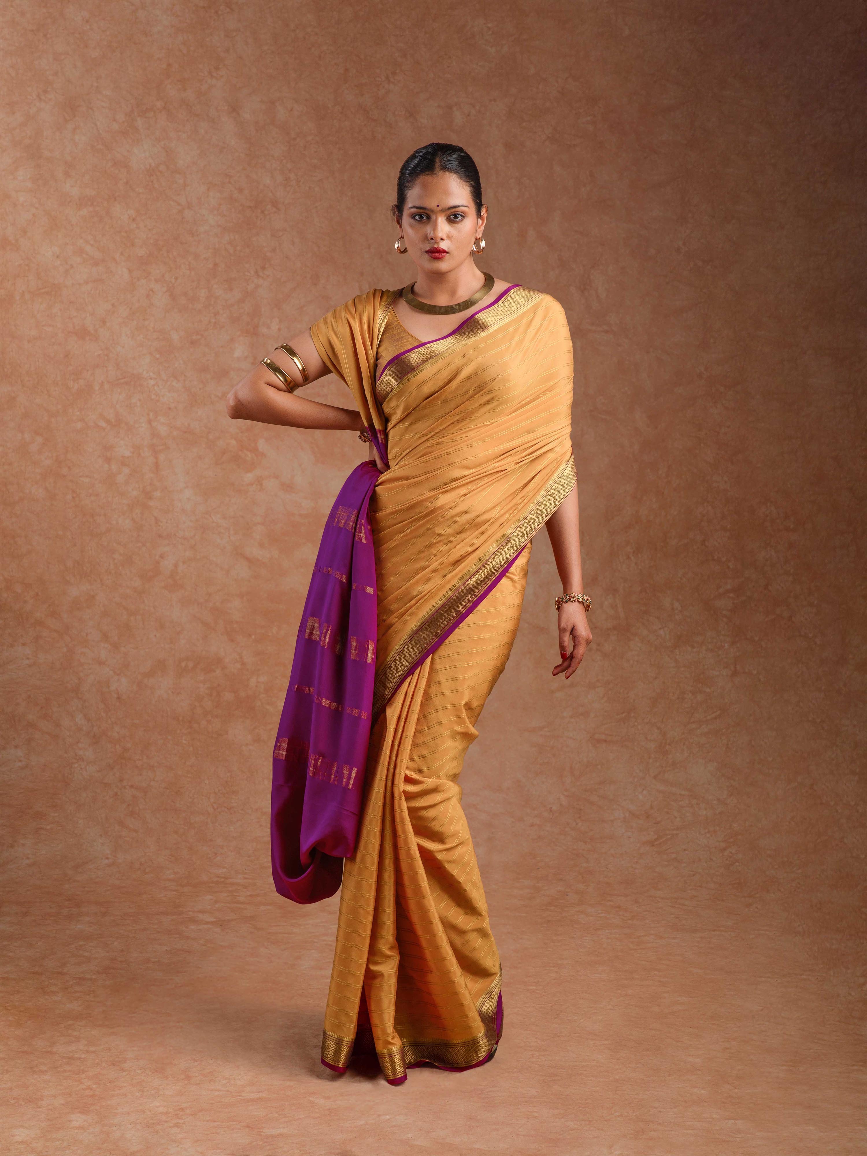 Mysore Crepe Silk Striped Saree in Burnished Ochre & Wine