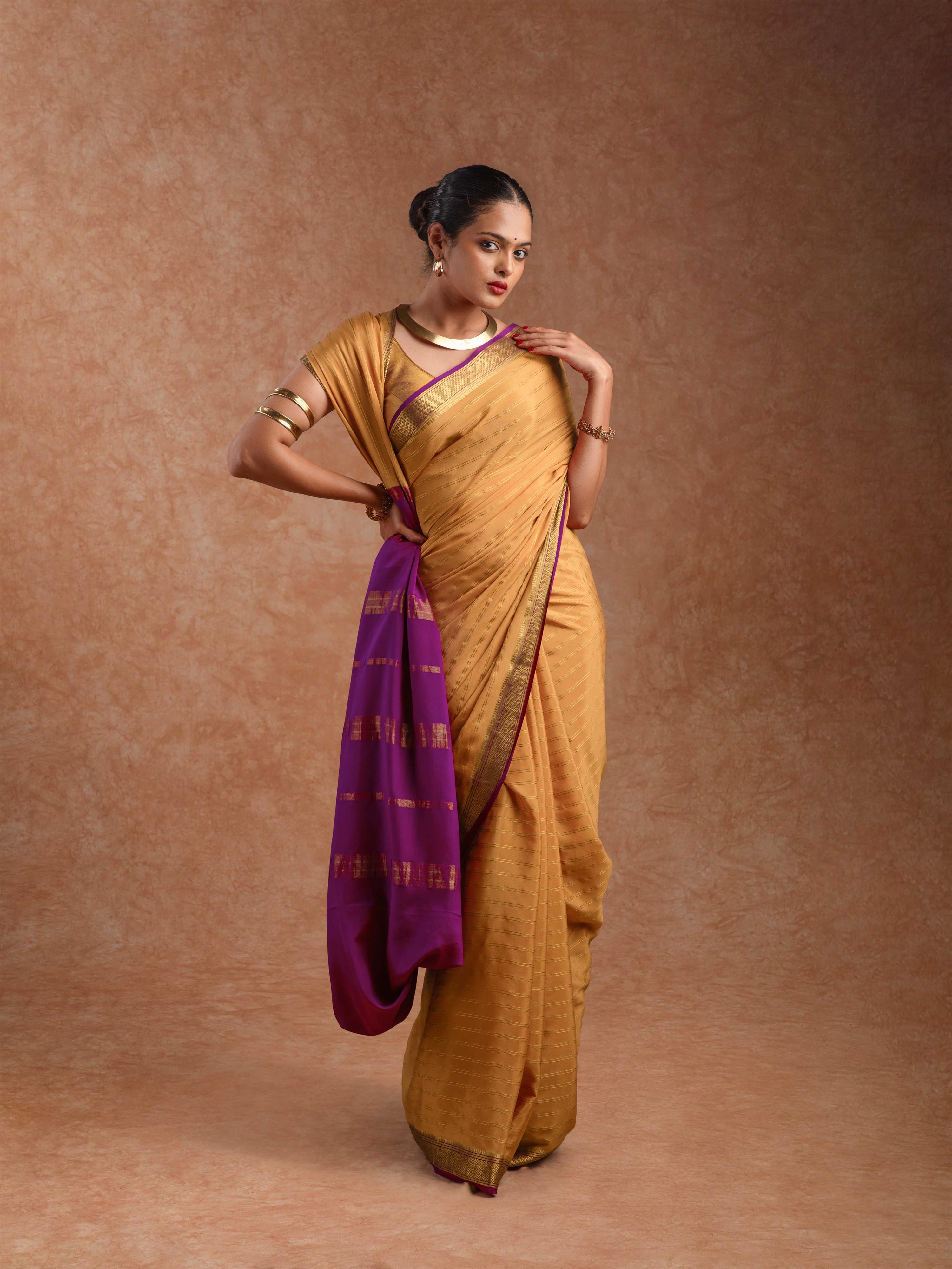 Mysore Crepe Silk Striped Saree in Burnished Ochre & Wine