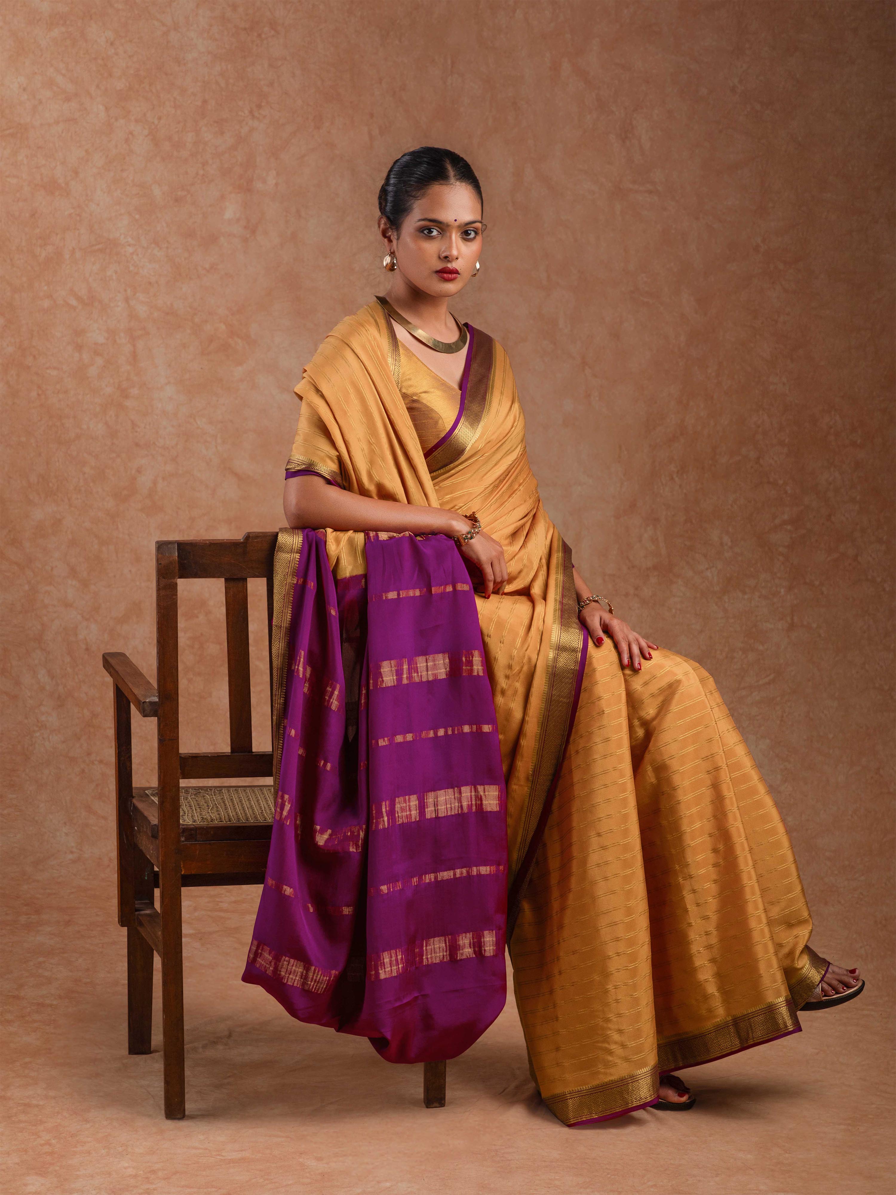 Mysore Crepe Silk Striped Saree in Burnished Ochre & Wine