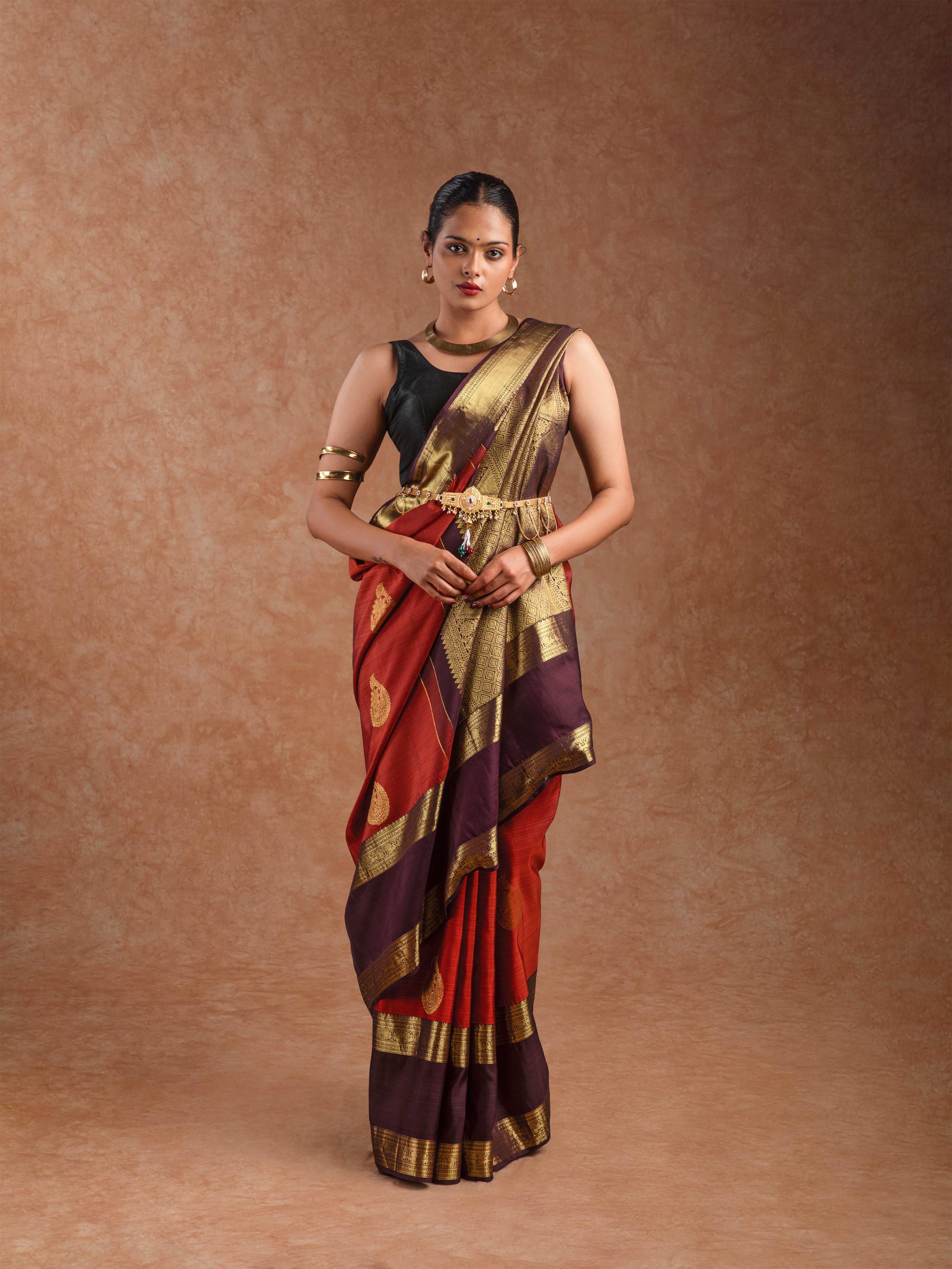 Kanjeevaram Raw Silk Saree in Rust & Royal Wine