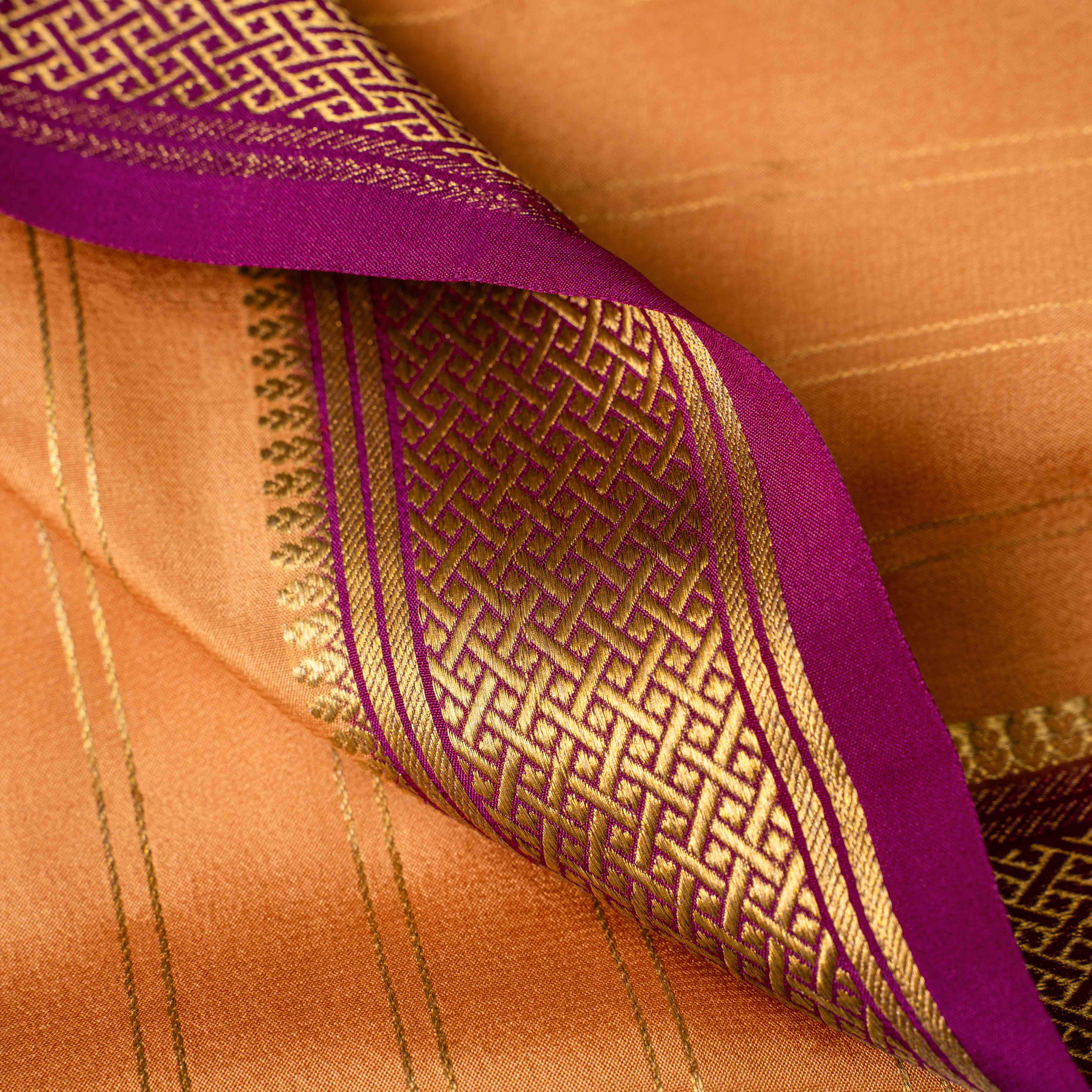 Mysore Crepe Silk Striped Saree in Burnished Ochre & Wine