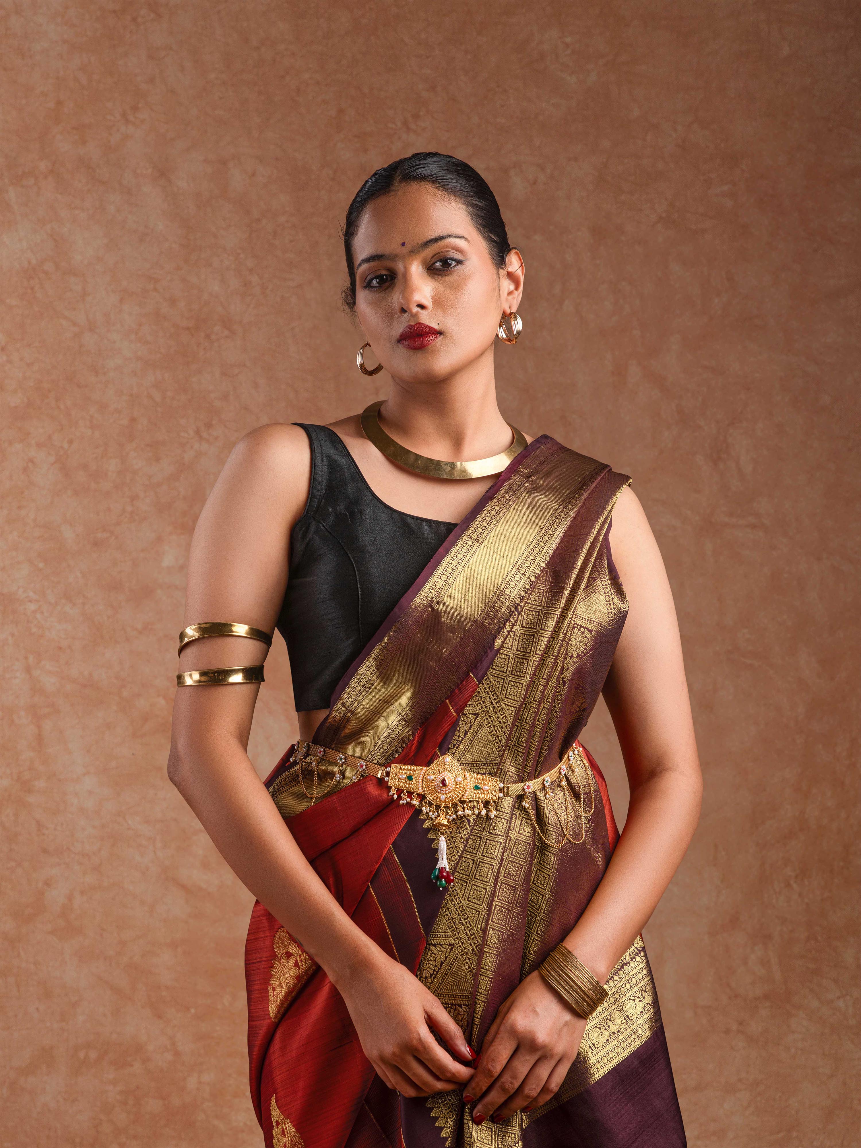 Kanjeevaram Raw Silk Saree in Rust & Royal Wine