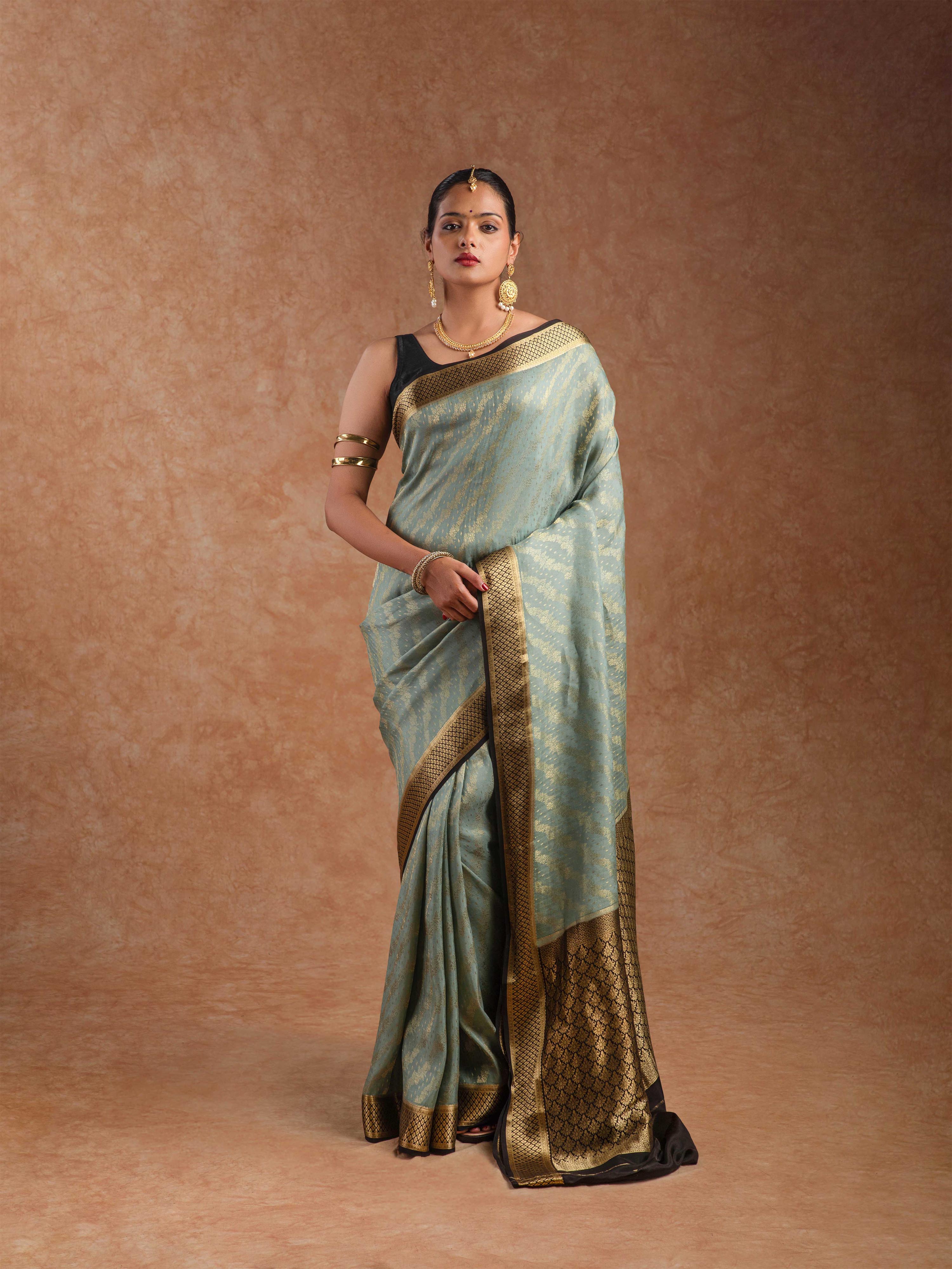 Mysore Crepe Silk Saree in Dusty Aqua & Jet Black