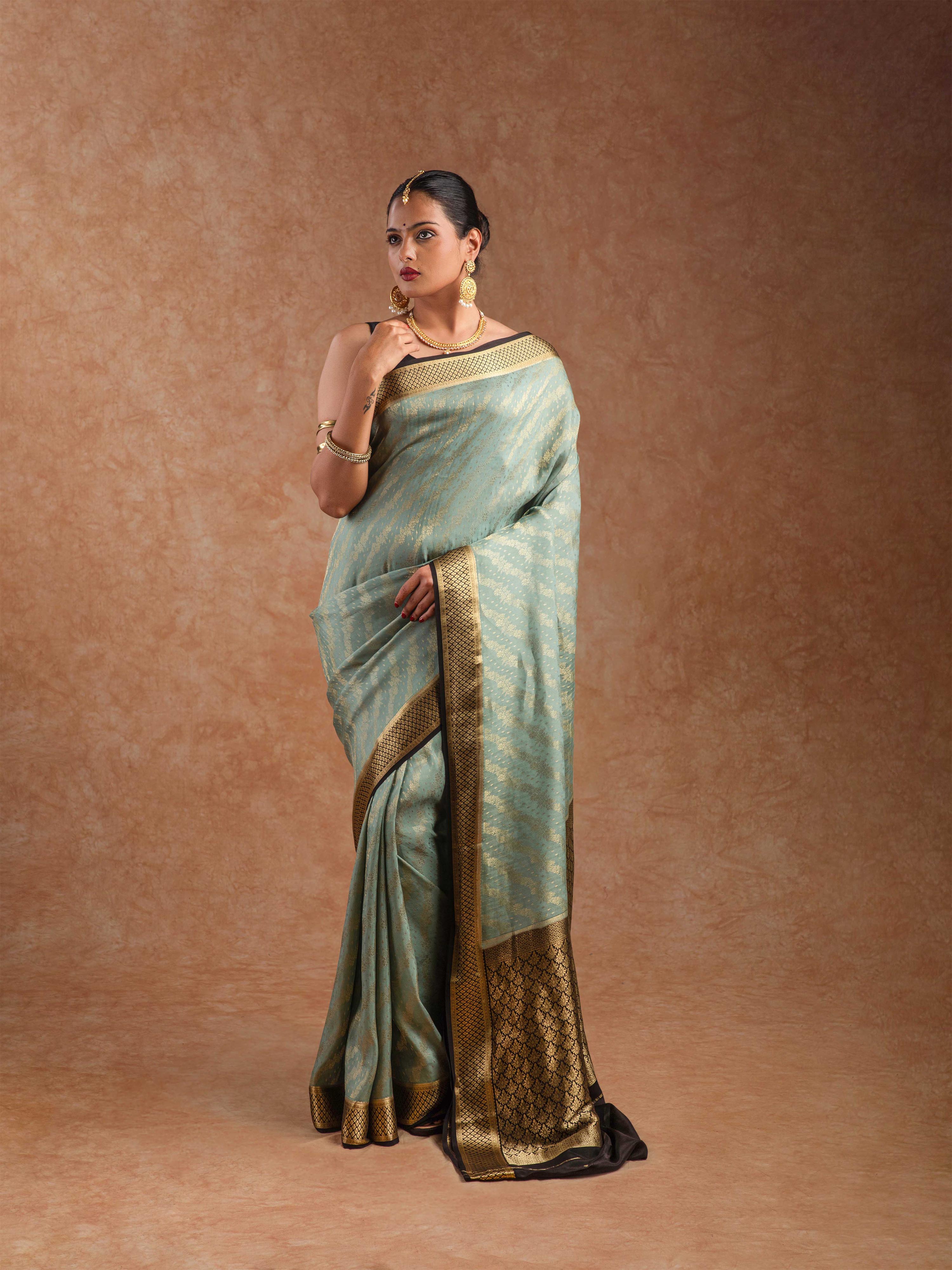 Mysore Crepe Silk Saree in Dusty Aqua & Jet Black