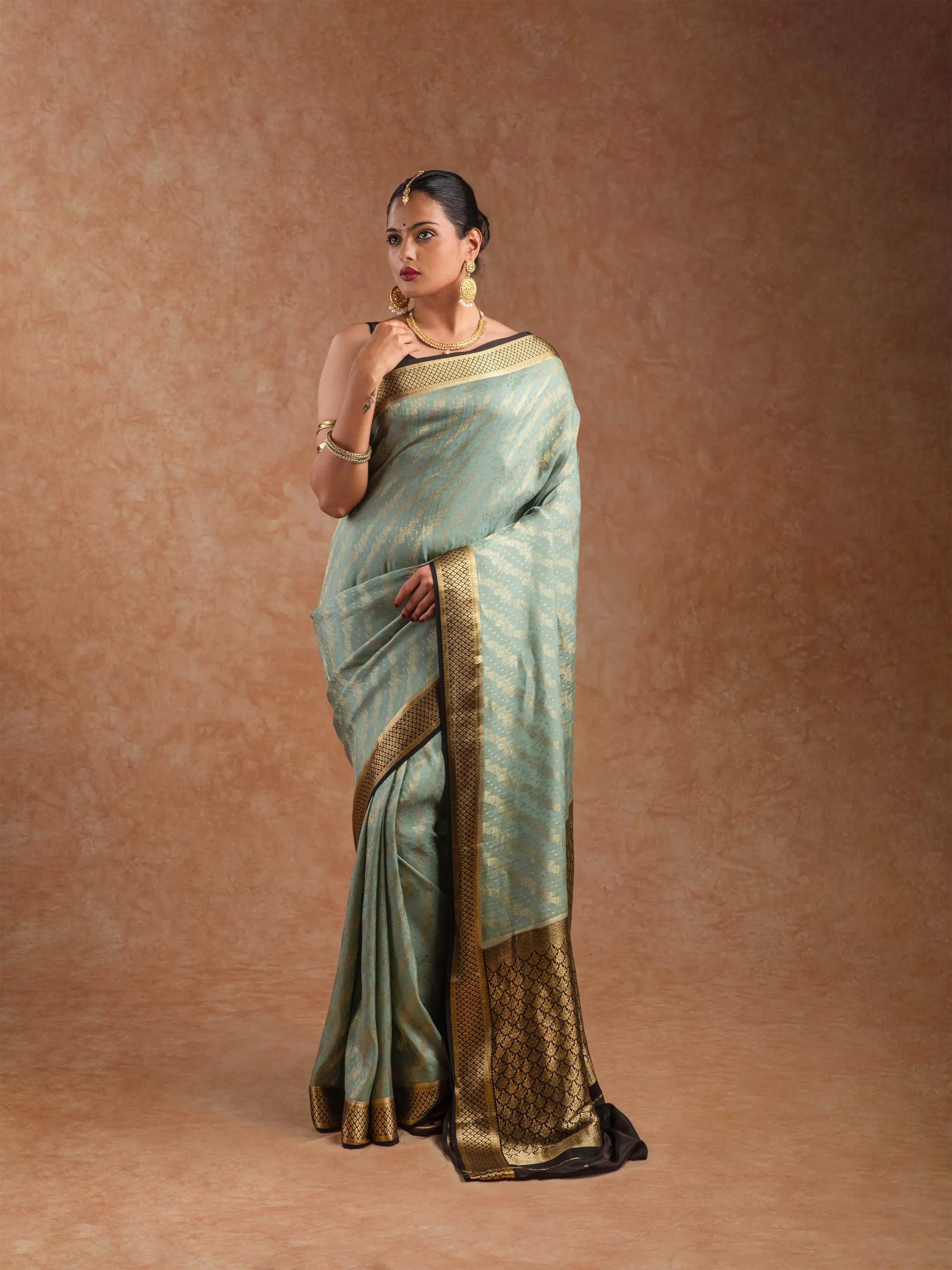 Mysore Crepe Silk Saree in Dusty Aqua & Jet Black