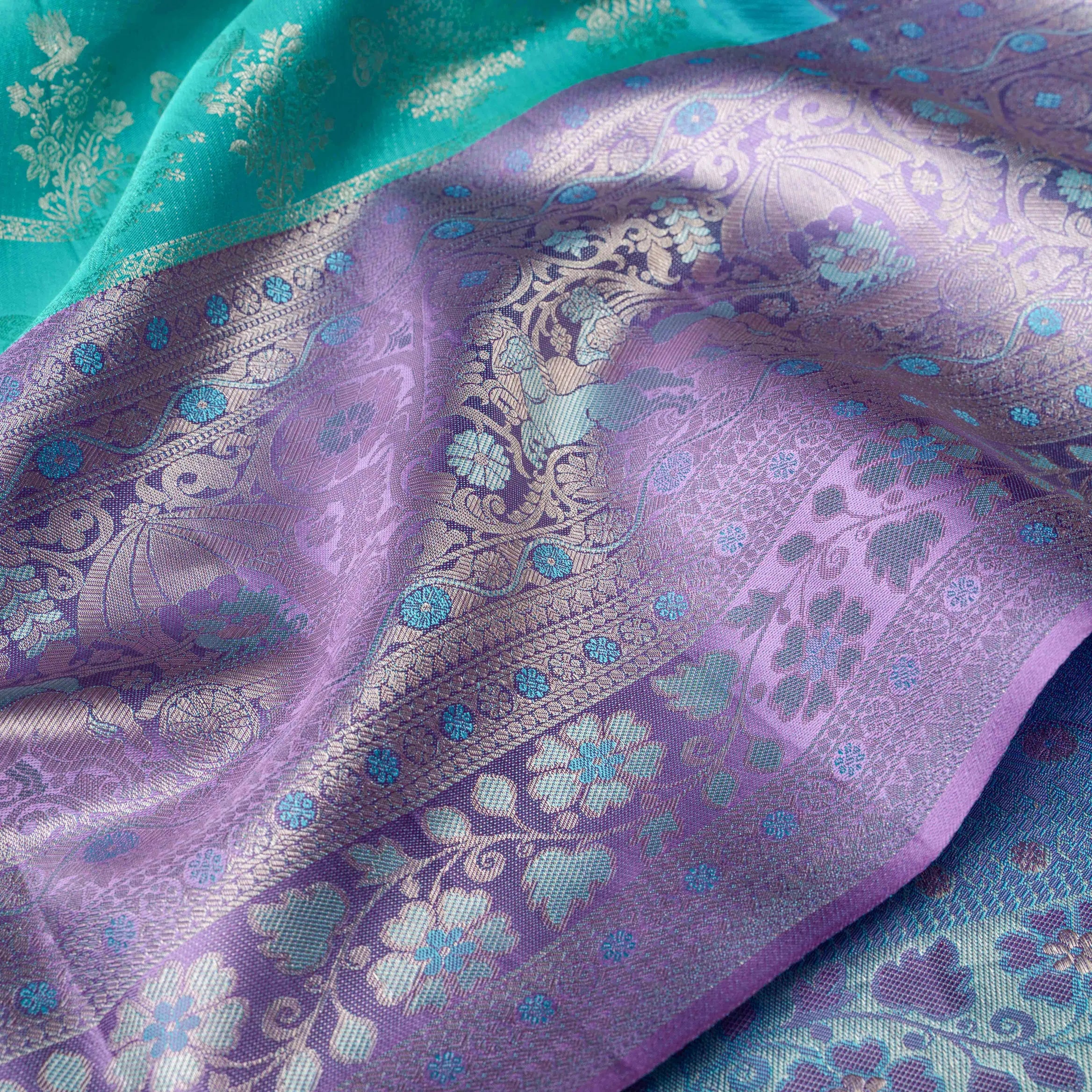 Kanjeevaram Handloom Raw Silk Saree in Aqua & Lilac