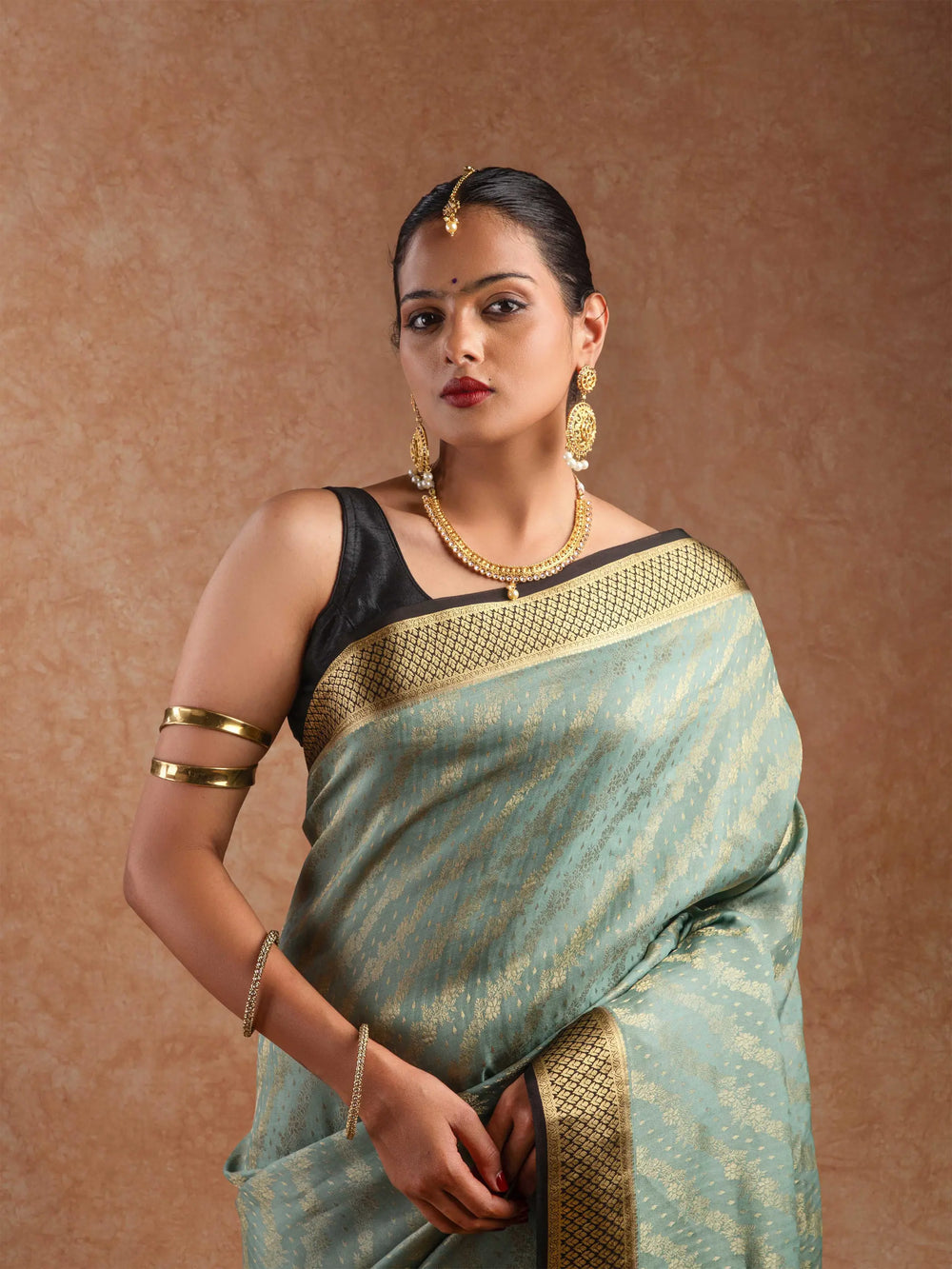 Mysore Crepe Silk Saree in Dusty Aqua & Jet Black