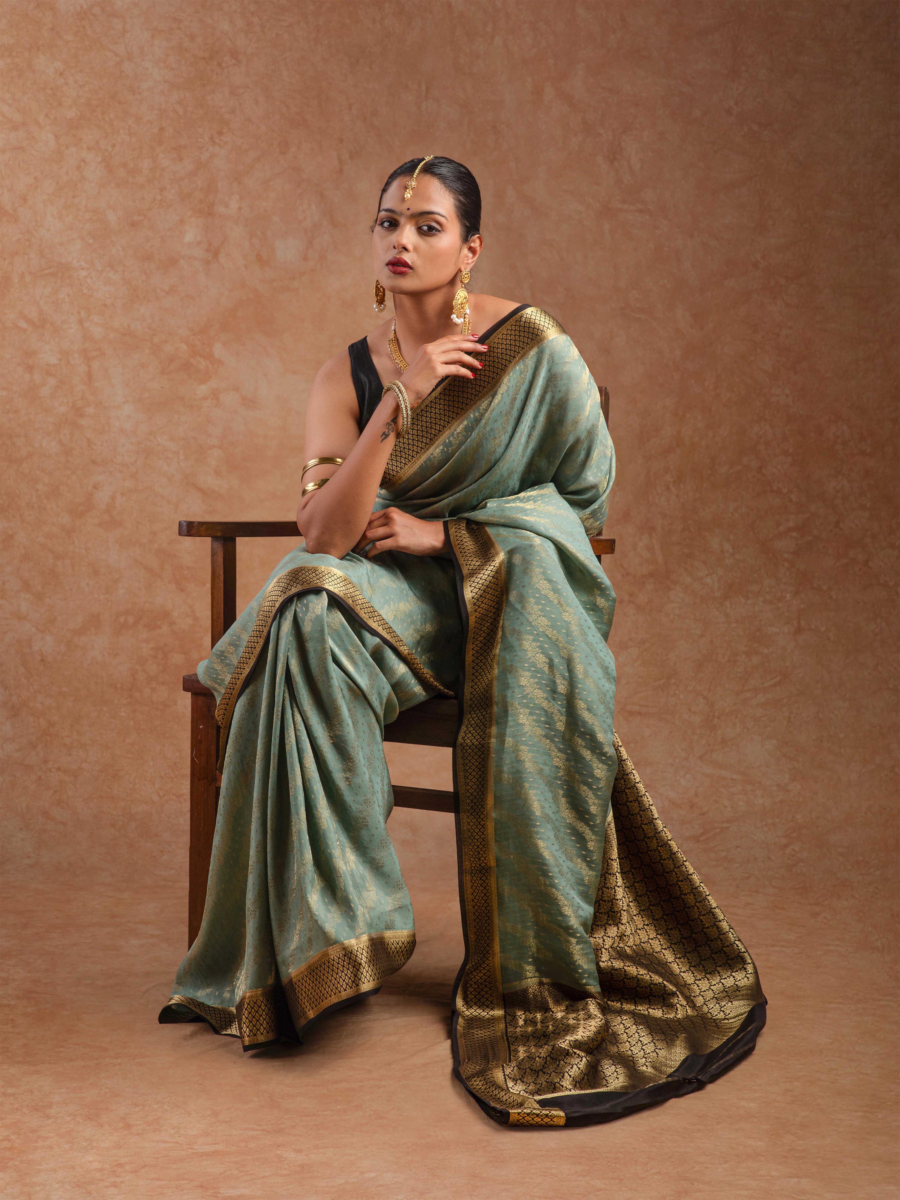 Mysore Crepe Silk Saree in Dusty Aqua & Jet Black