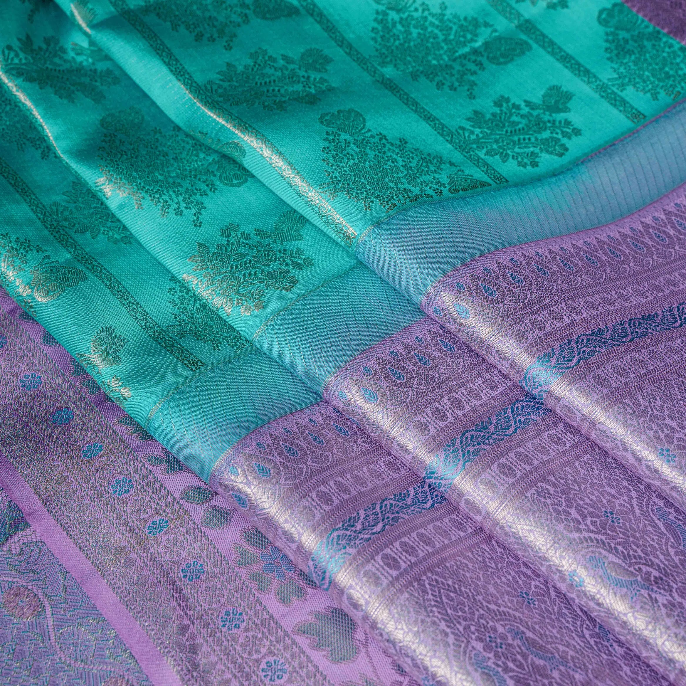 Kanjeevaram Handloom Raw Silk Saree in Aqua & Lilac