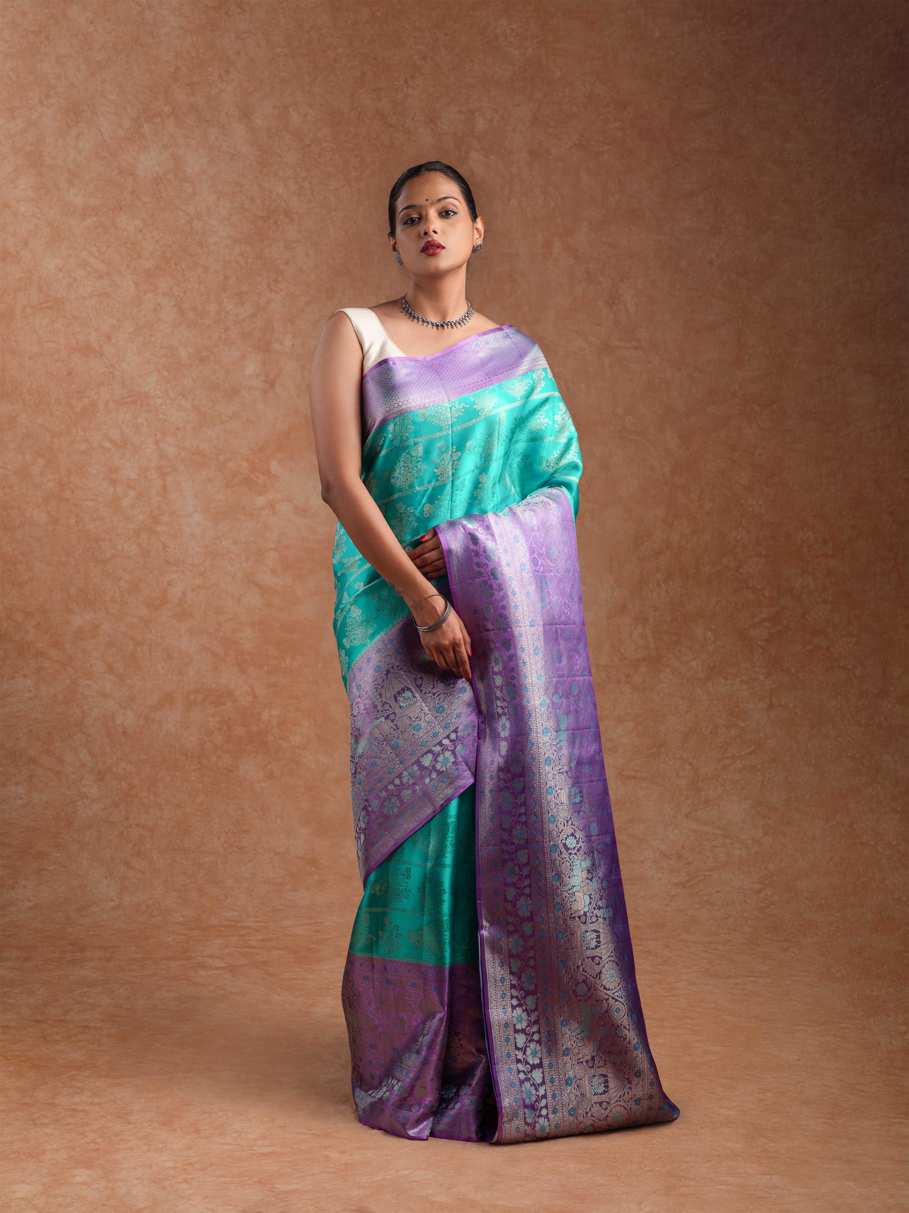 Kanjeevaram Raw Silk Saree in Aqua & Lilac