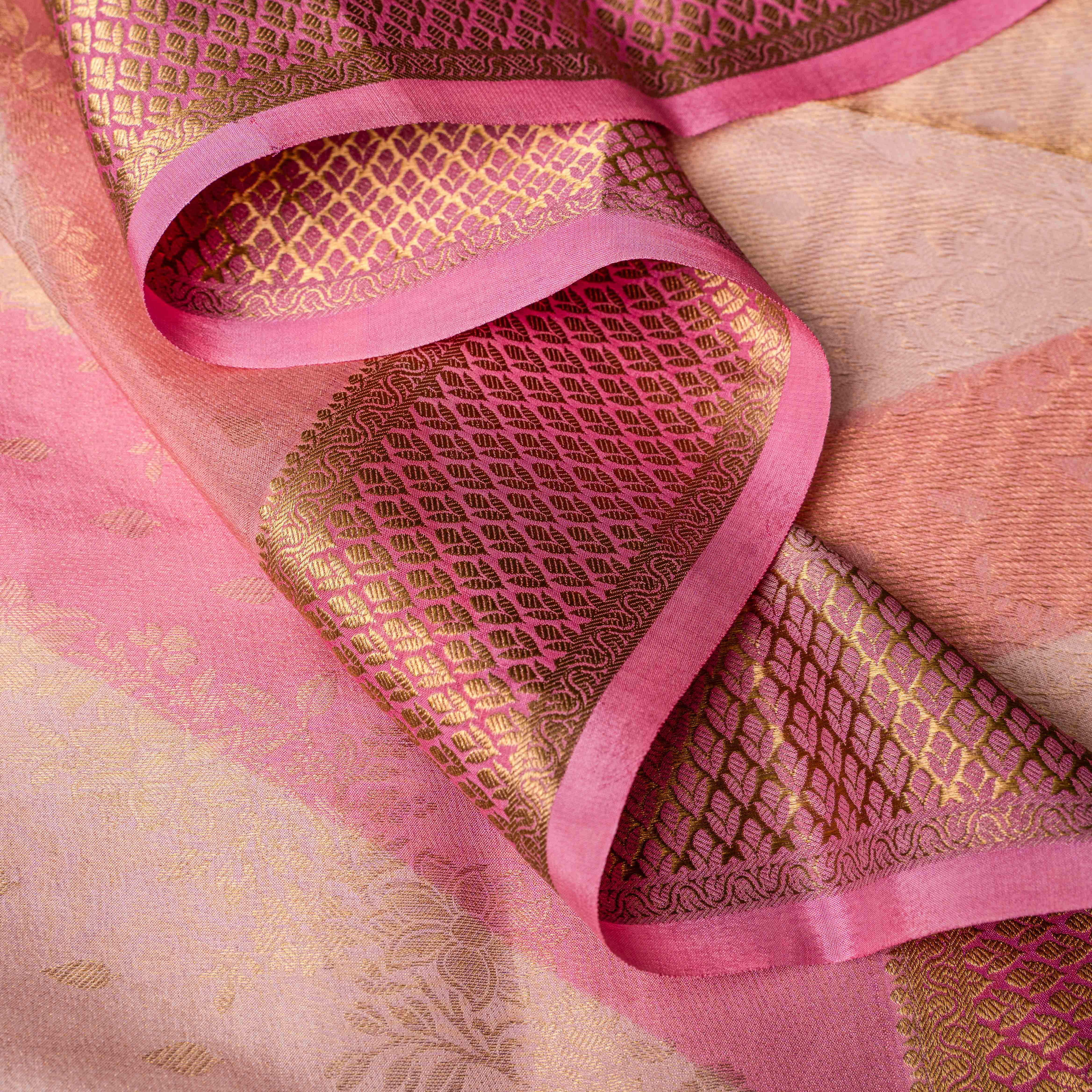 Mysore Crepe Silk Striped Saree in Rose Quartz & Gold