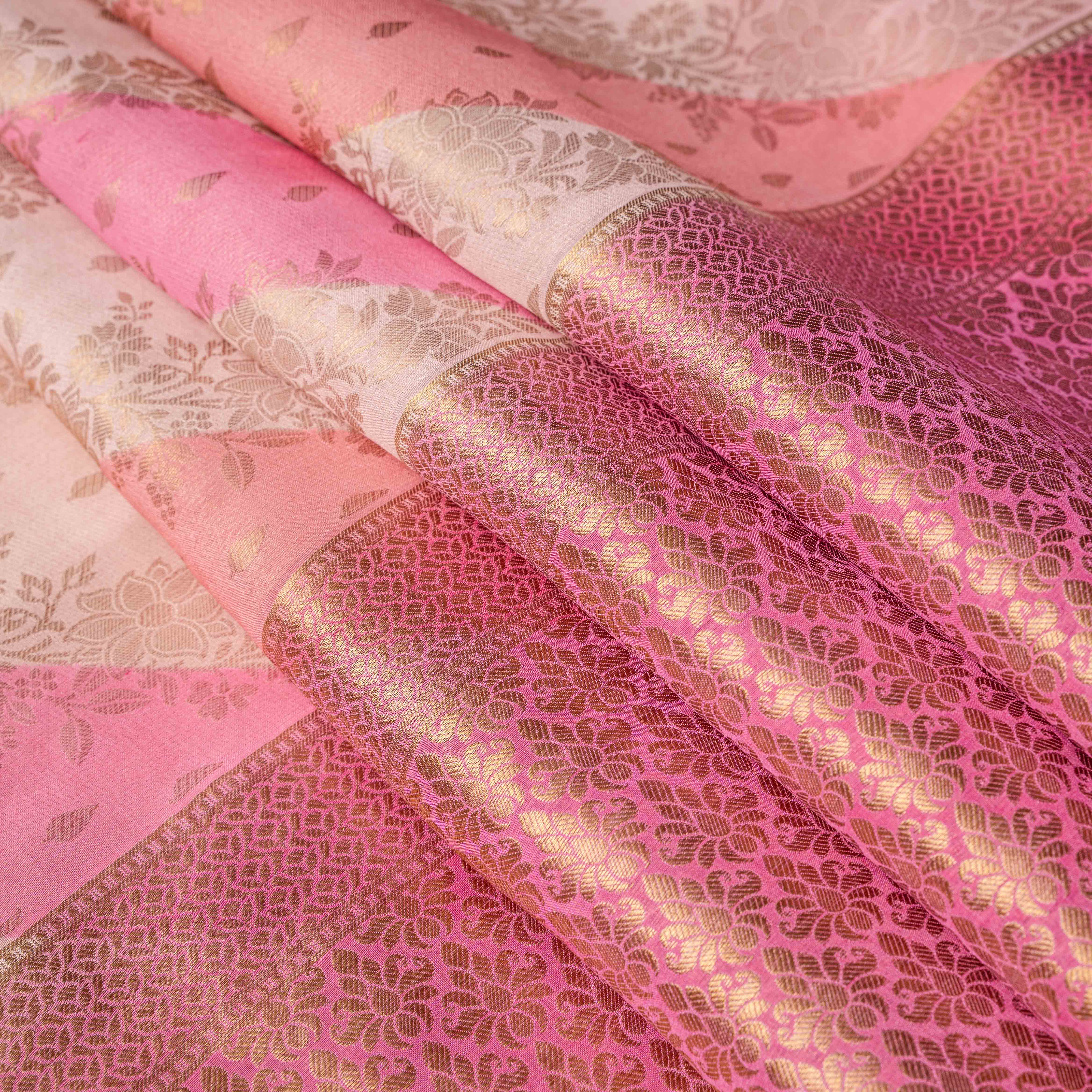 Mysore Crepe Silk Striped Saree in Rose Quartz & Gold