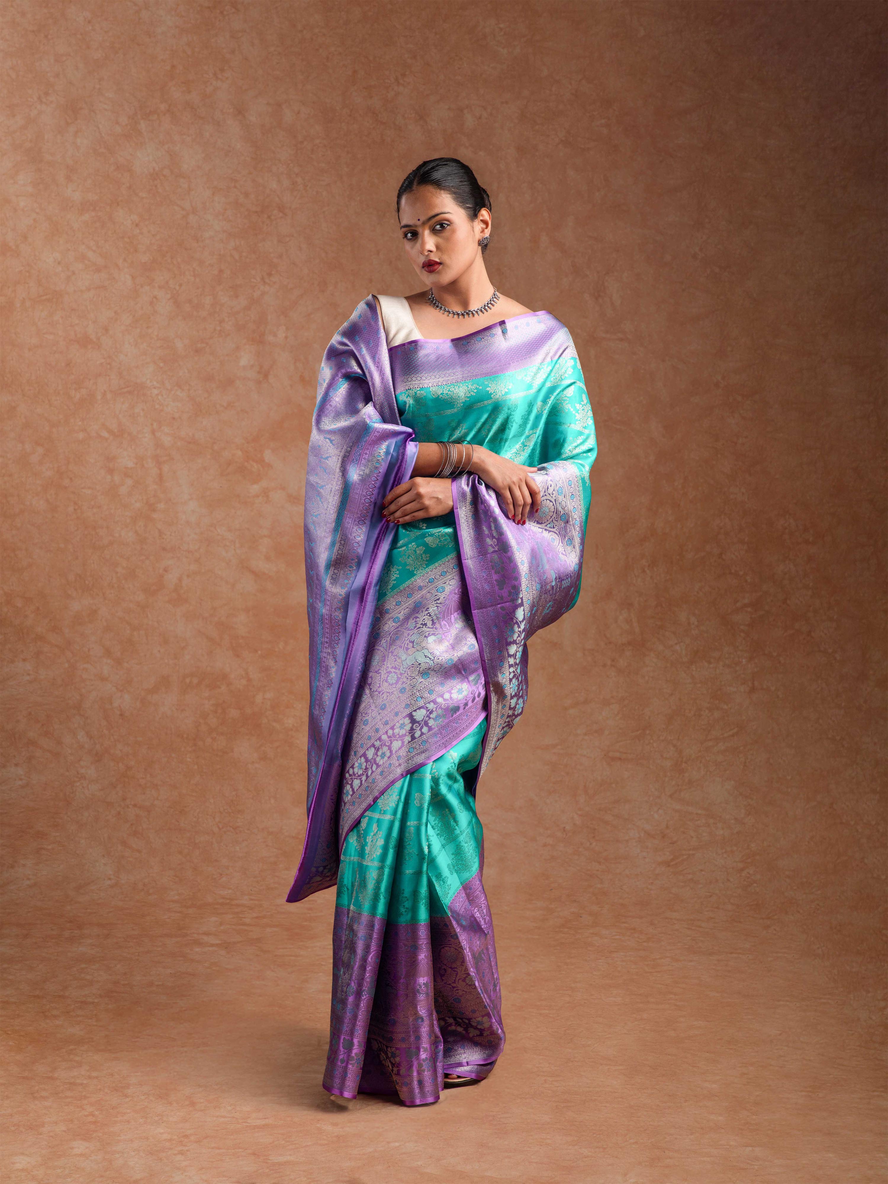 Kanjeevaram Raw Silk Saree in Aqua & Lilac