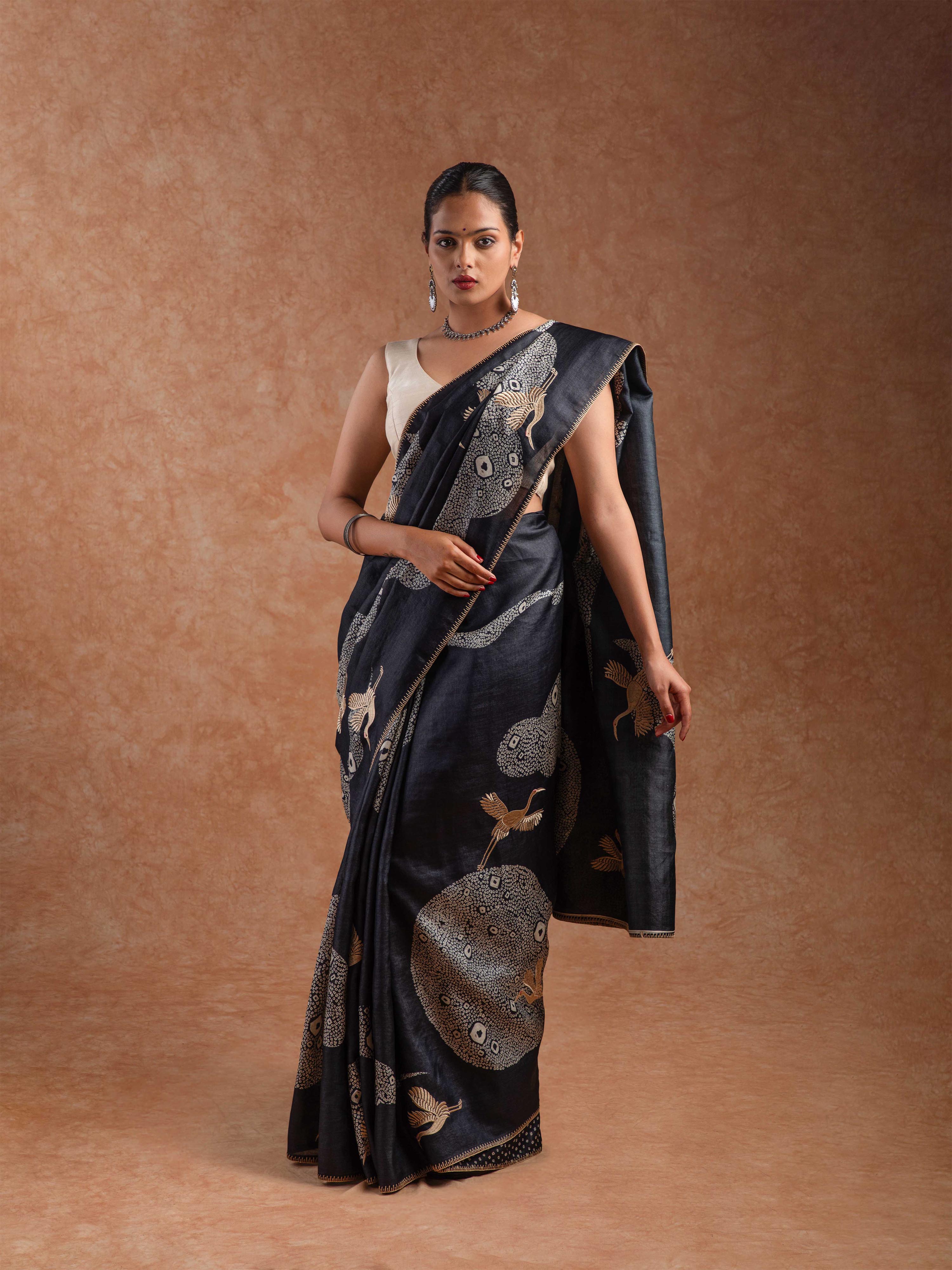 Tussar Silk Embroidered Saree in Ink Black & Ivory