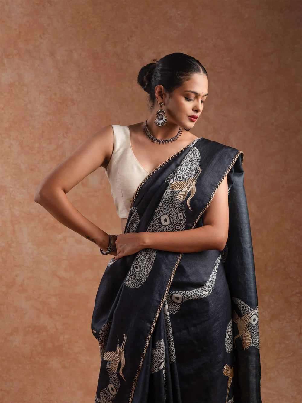 Tussar Silk Embroidered Saree in Ink Black & Ivory