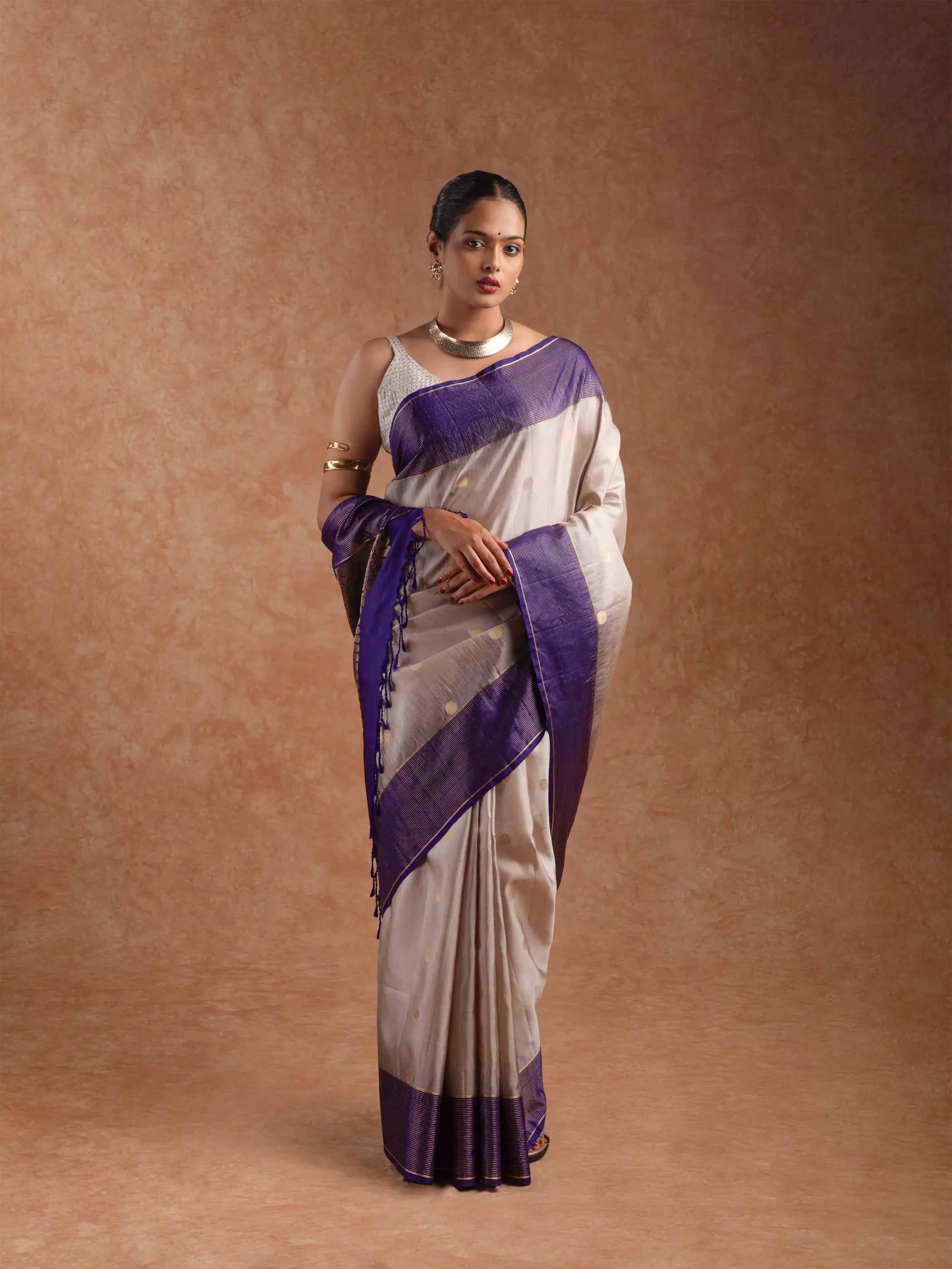 Kanjeevaram Handloom Soft Silk Saree in Champagne & Deep Violet