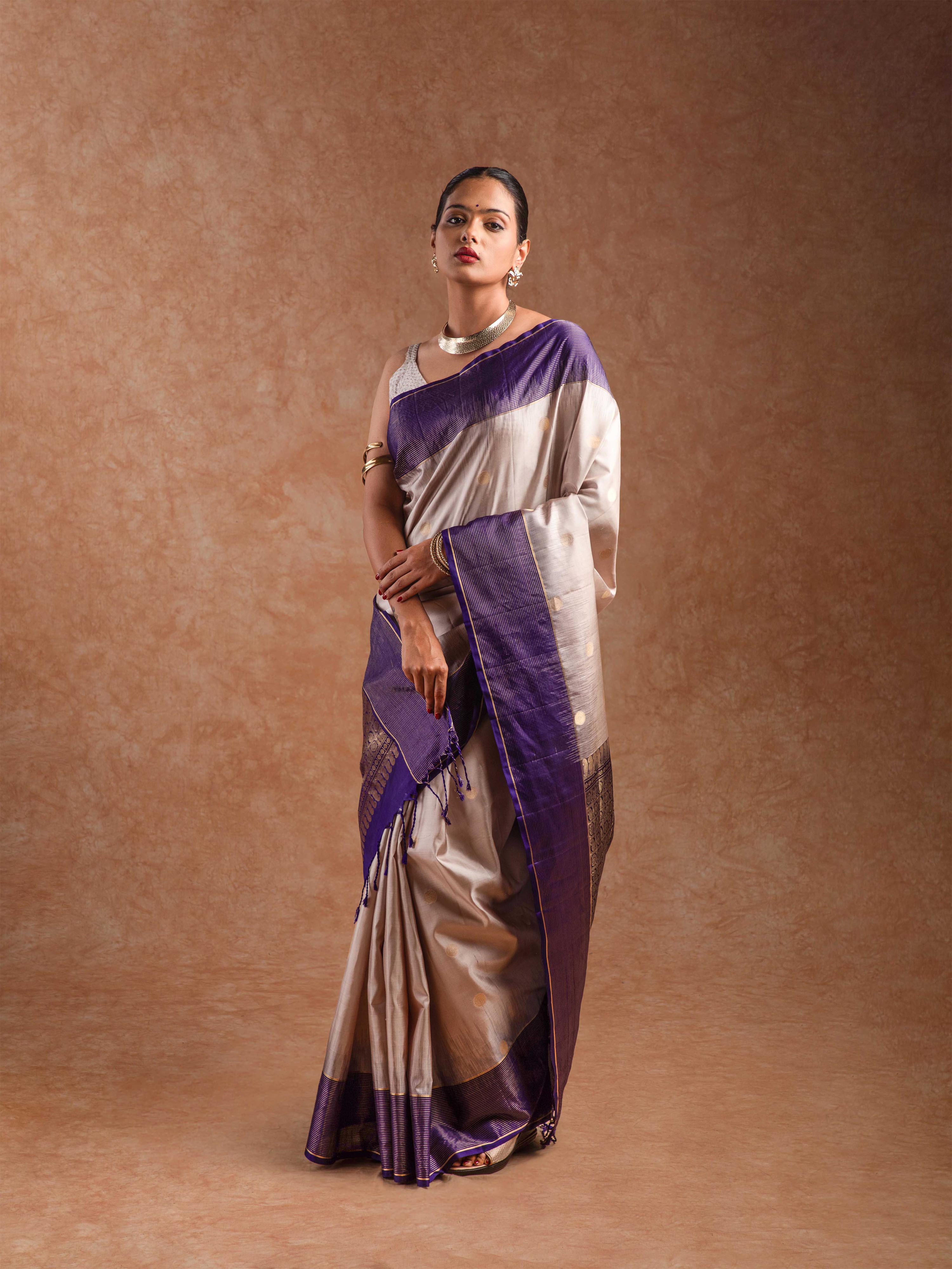 Kanjeevaram Soft Silk Saree in Champagne & Deep Violet