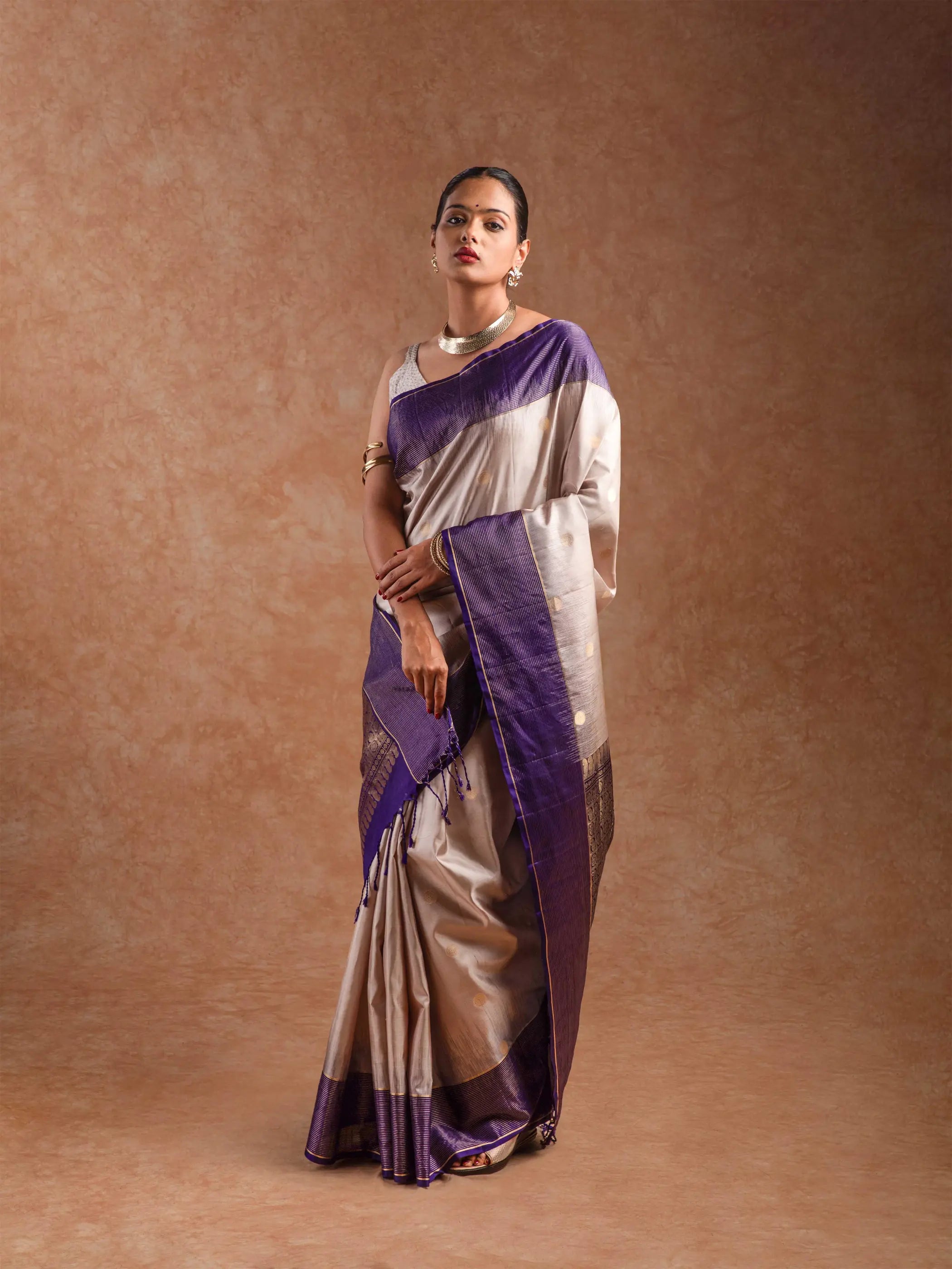 Kanjeevaram Handloom Soft Silk Saree in Champagne & Deep Violet