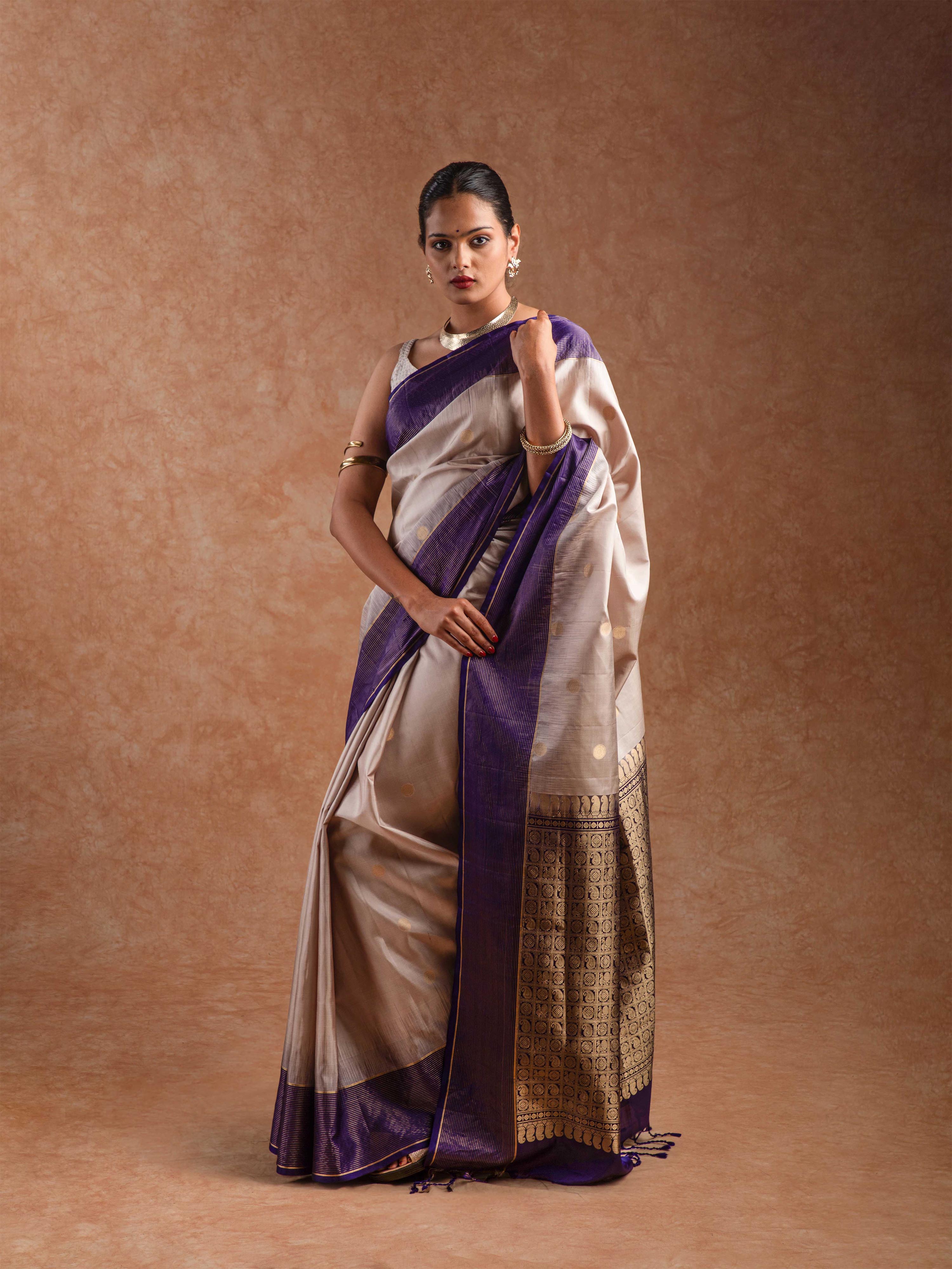 Kanjeevaram Soft Silk Saree in Champagne & Deep Violet