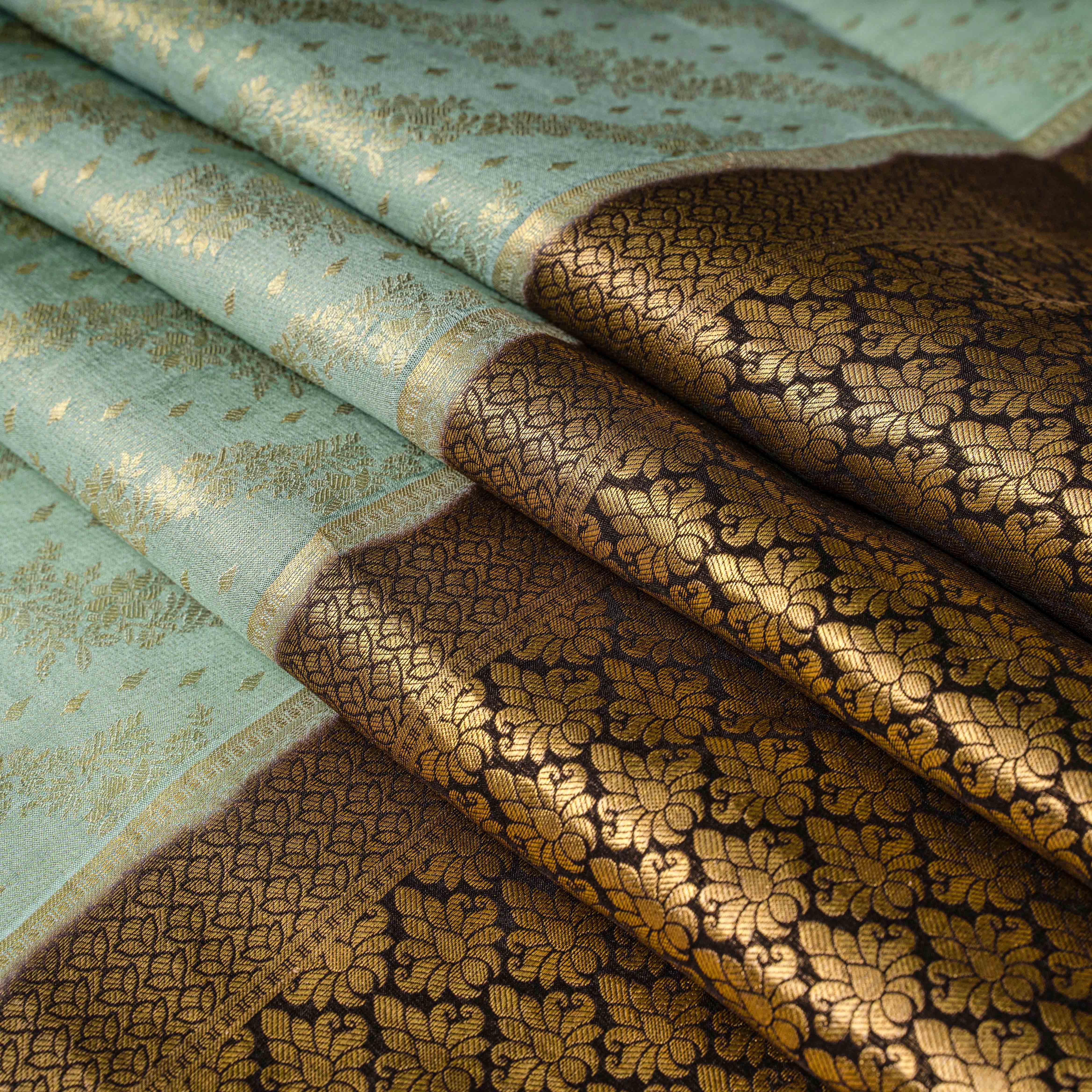 Mysore Crepe Silk Saree in Dusty Aqua & Jet Black